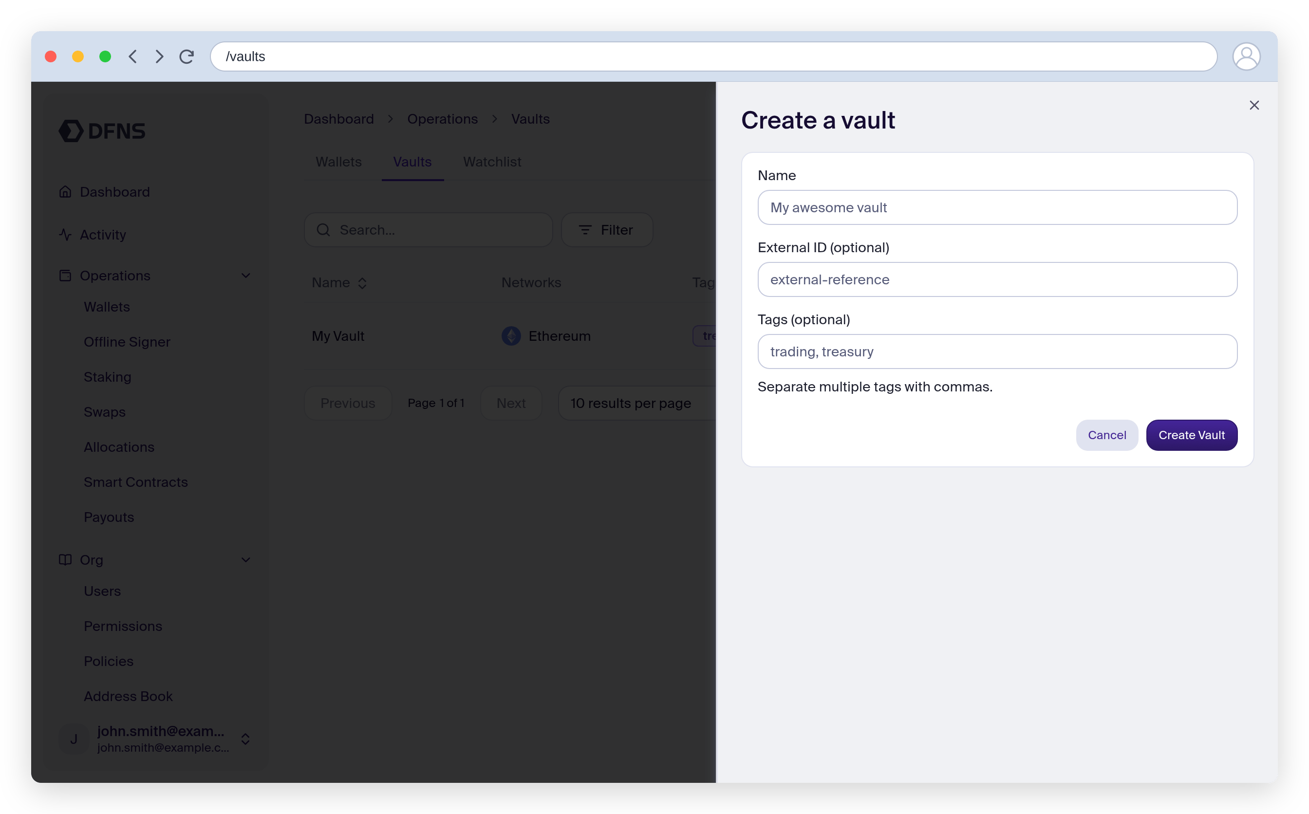 Create vault dialog with name and tags fields