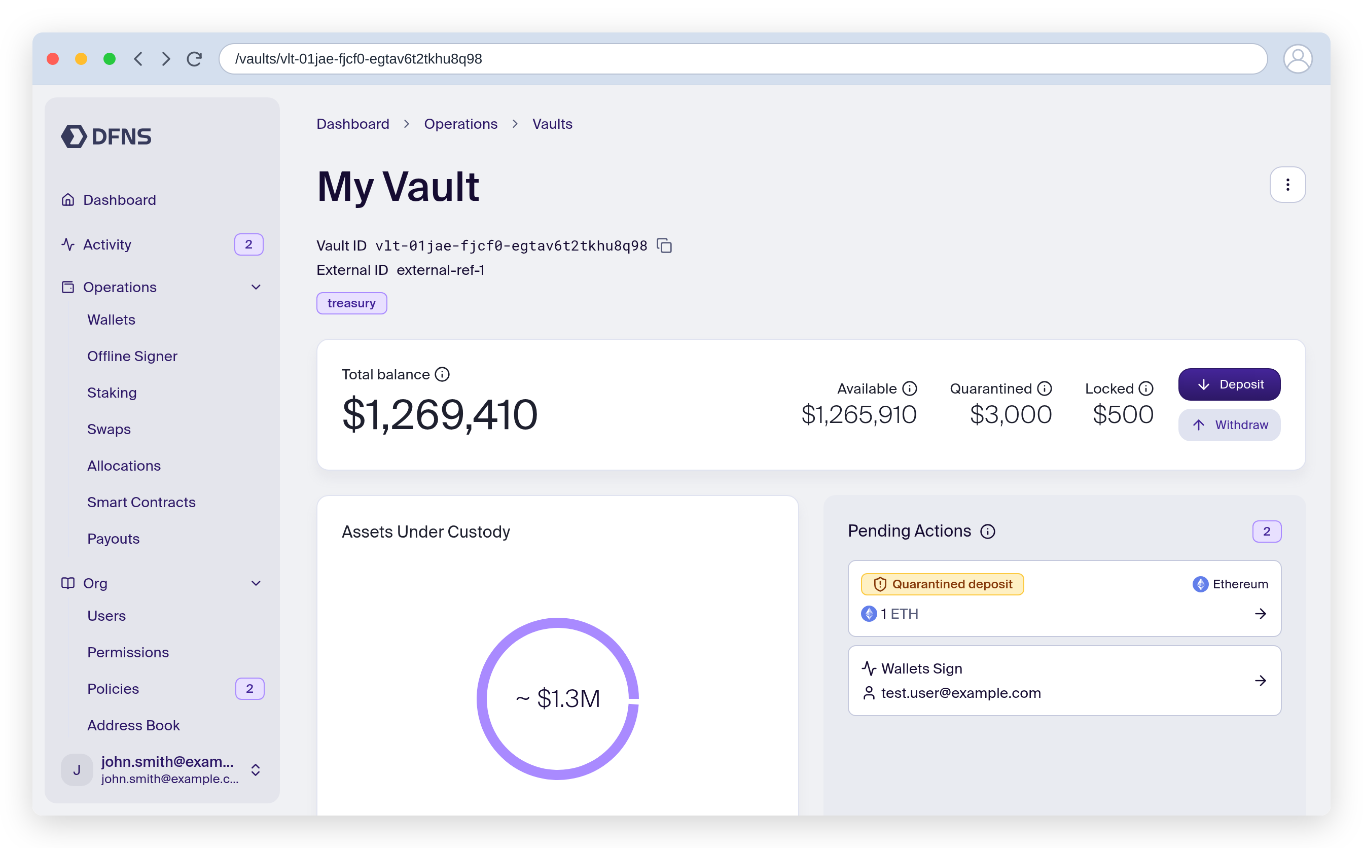 Vault detail page: total balance split into available, quarantined, and locked, an assets-under-custody chart, and pending actions