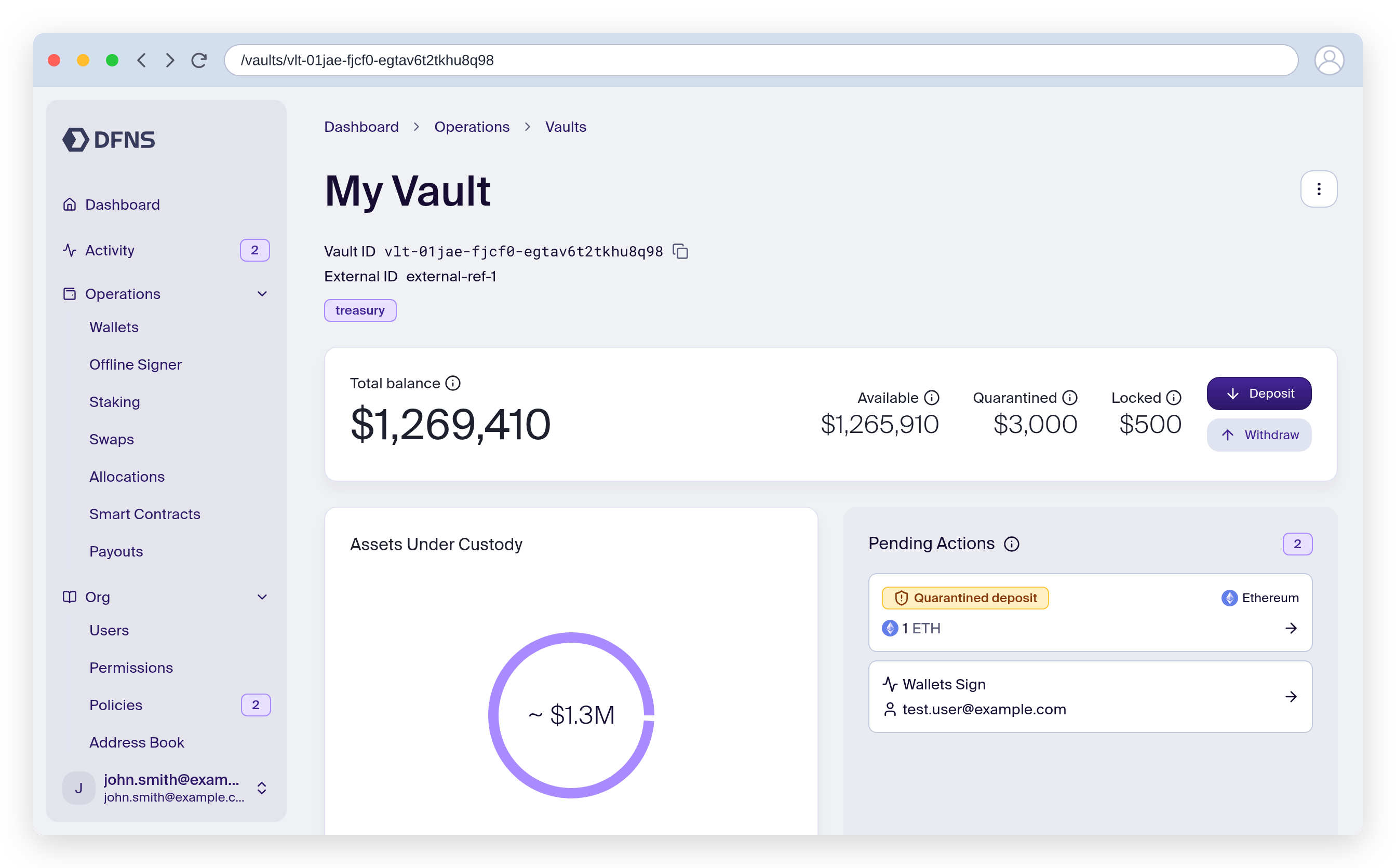 Vault detail page: total balance split into available, quarantined, and locked, an assets-under-custody chart, and pending actions