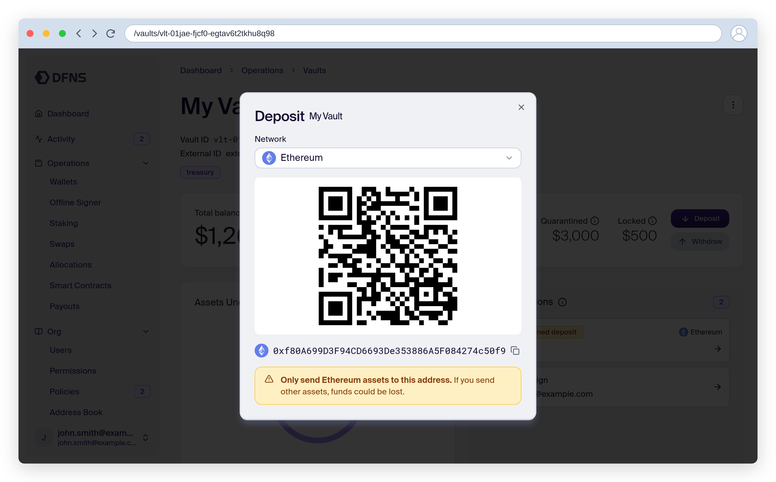 Vault deposit dialog showing the Ethereum address and its QR code
