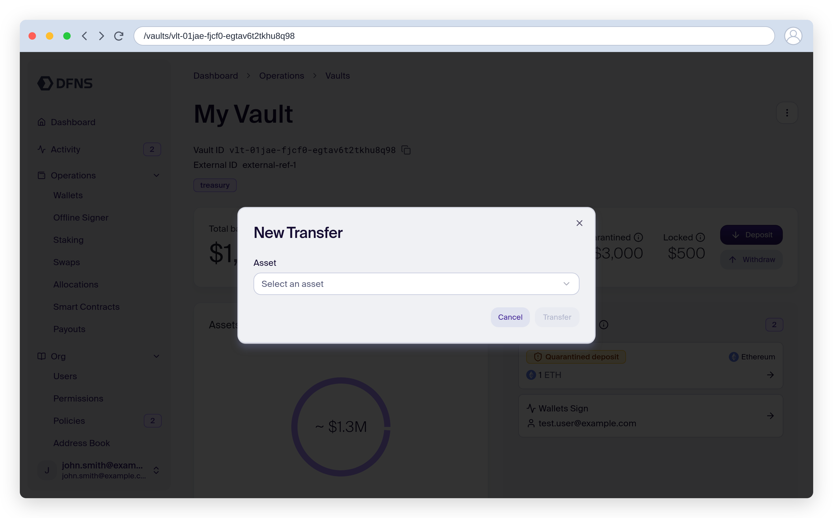 Vault transfer dialog for sending a funded asset out of the vault