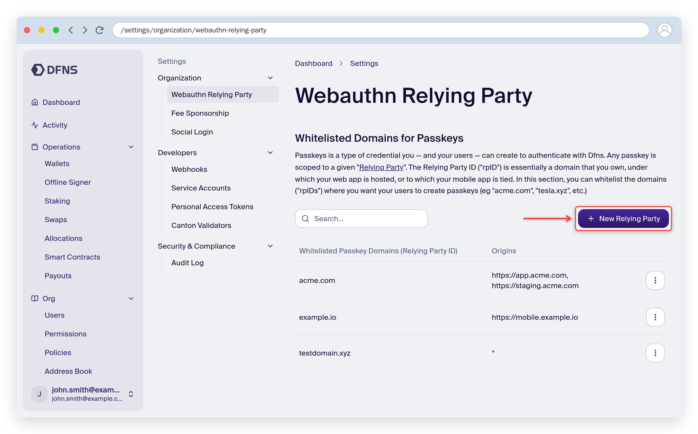 Webauthn Relying Party page listing whitelisted passkey domains and their origins