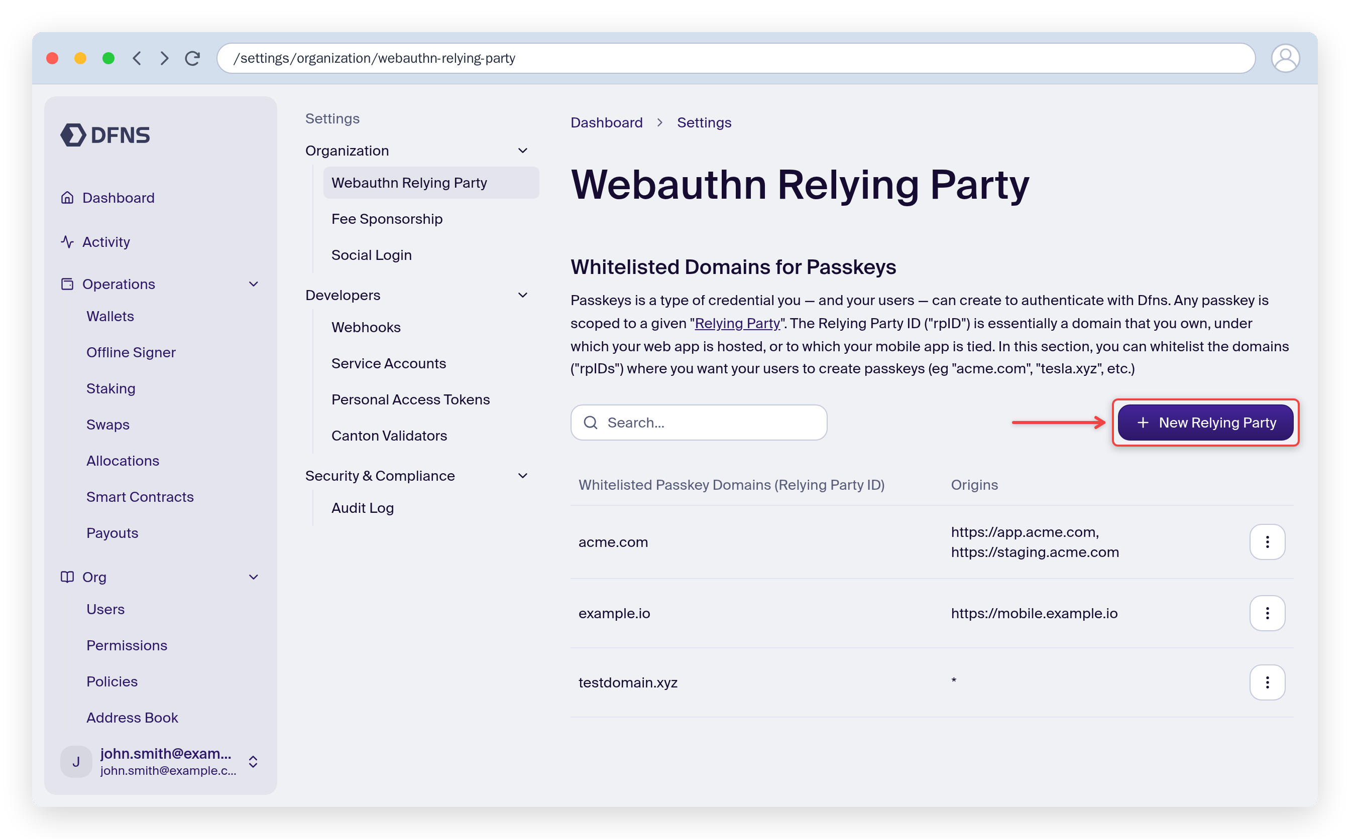 Webauthn Relying Party page listing whitelisted passkey domains and their origins