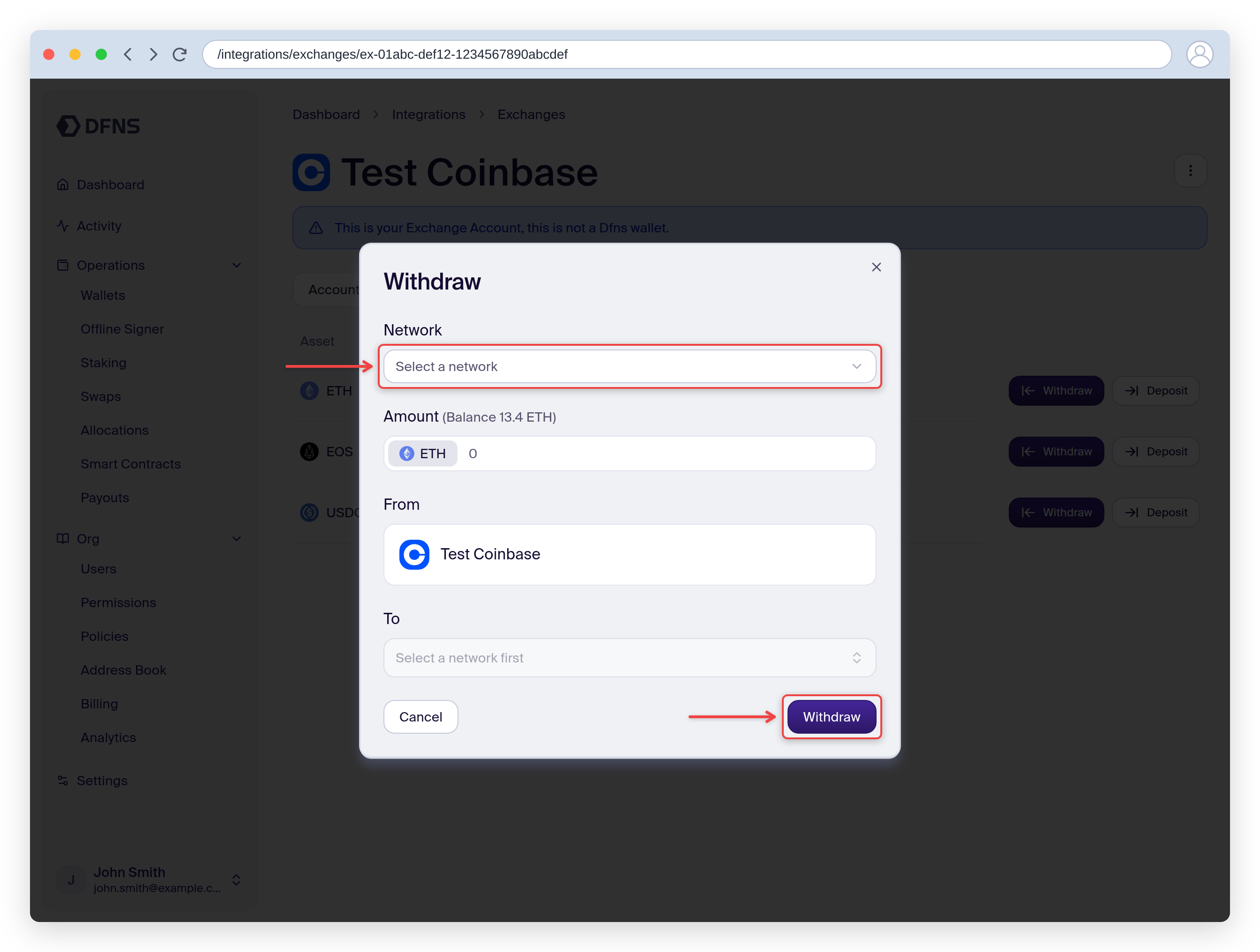 Withdraw dialog selecting the network and destination wallet