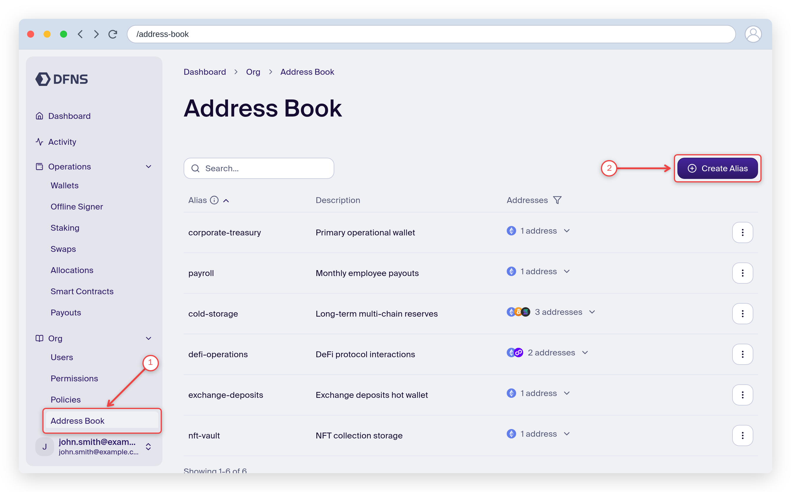 Address Book page with the sidebar entry and the Create Alias button highlighted