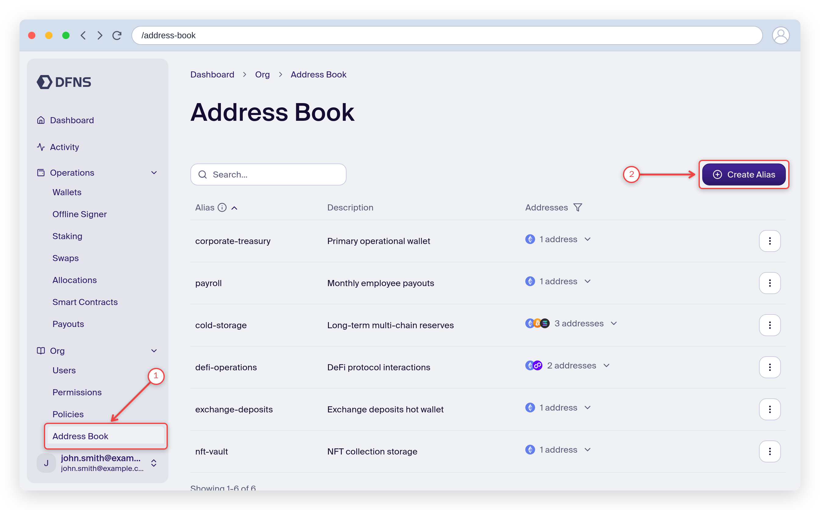 Address Book page with the sidebar entry and the Create Alias button highlighted