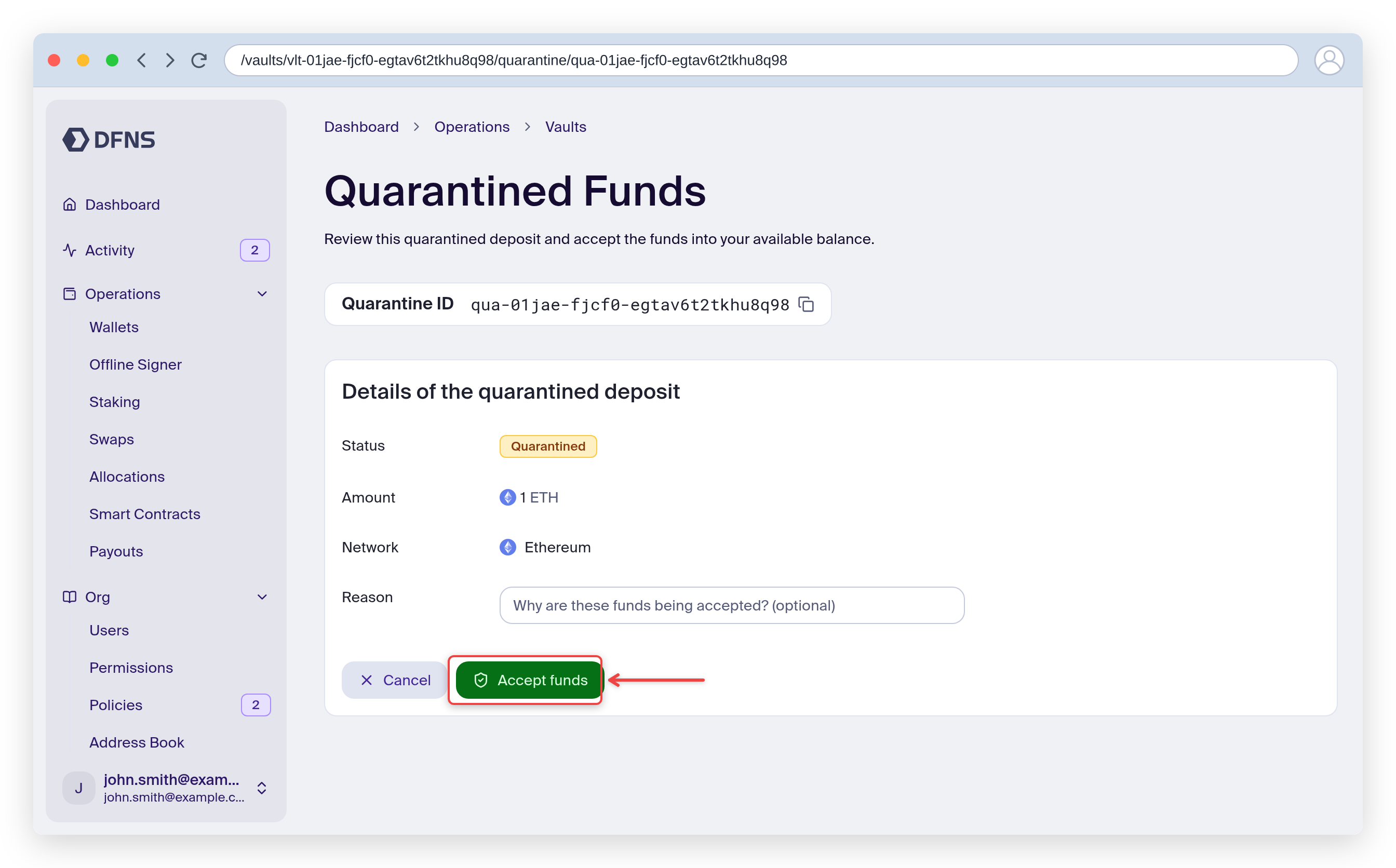 Quarantined funds detail page with the Accept funds button highlighted