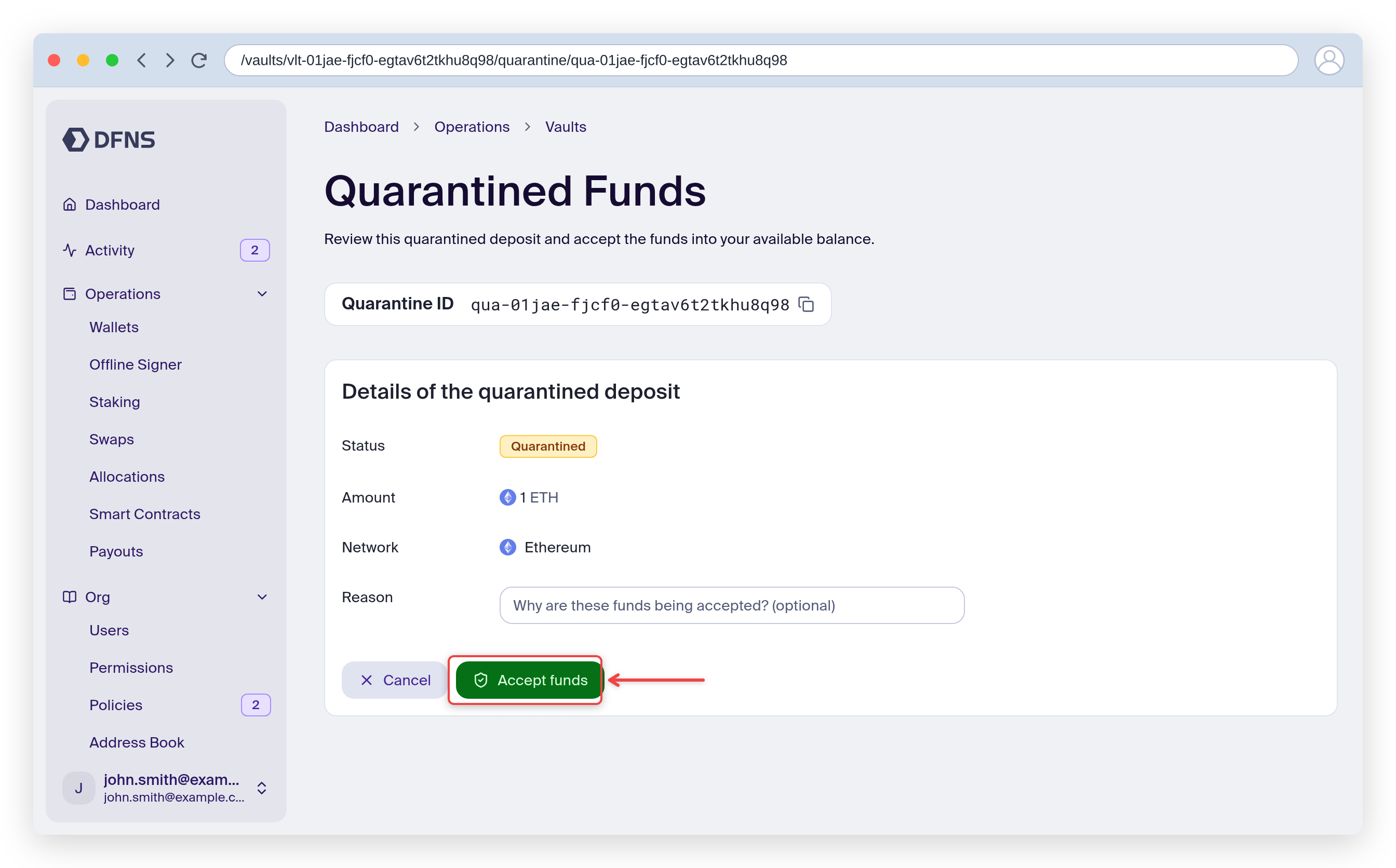 Quarantined funds detail page with the Accept funds button highlighted