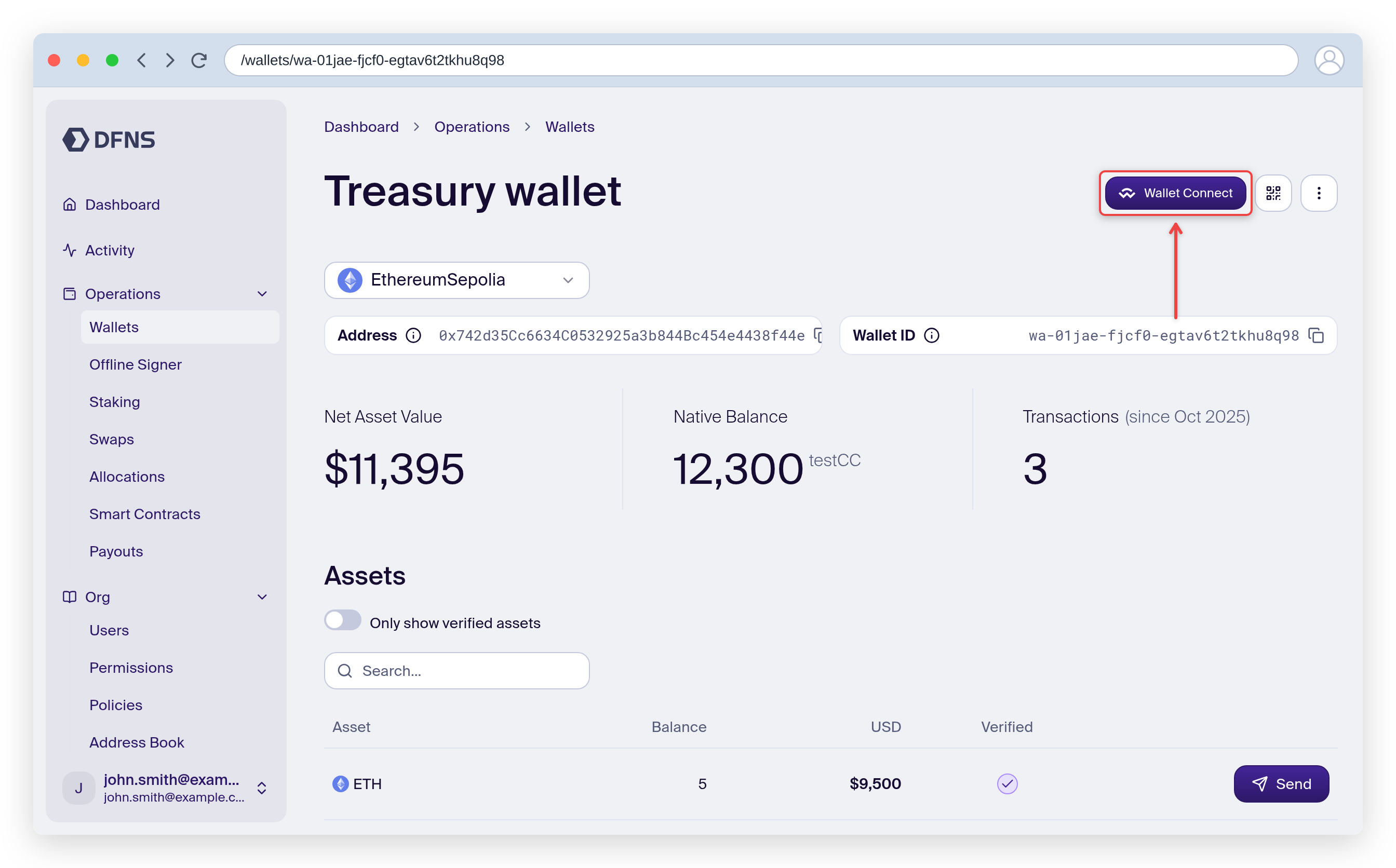 Wallet page with the WalletConnect button highlighted