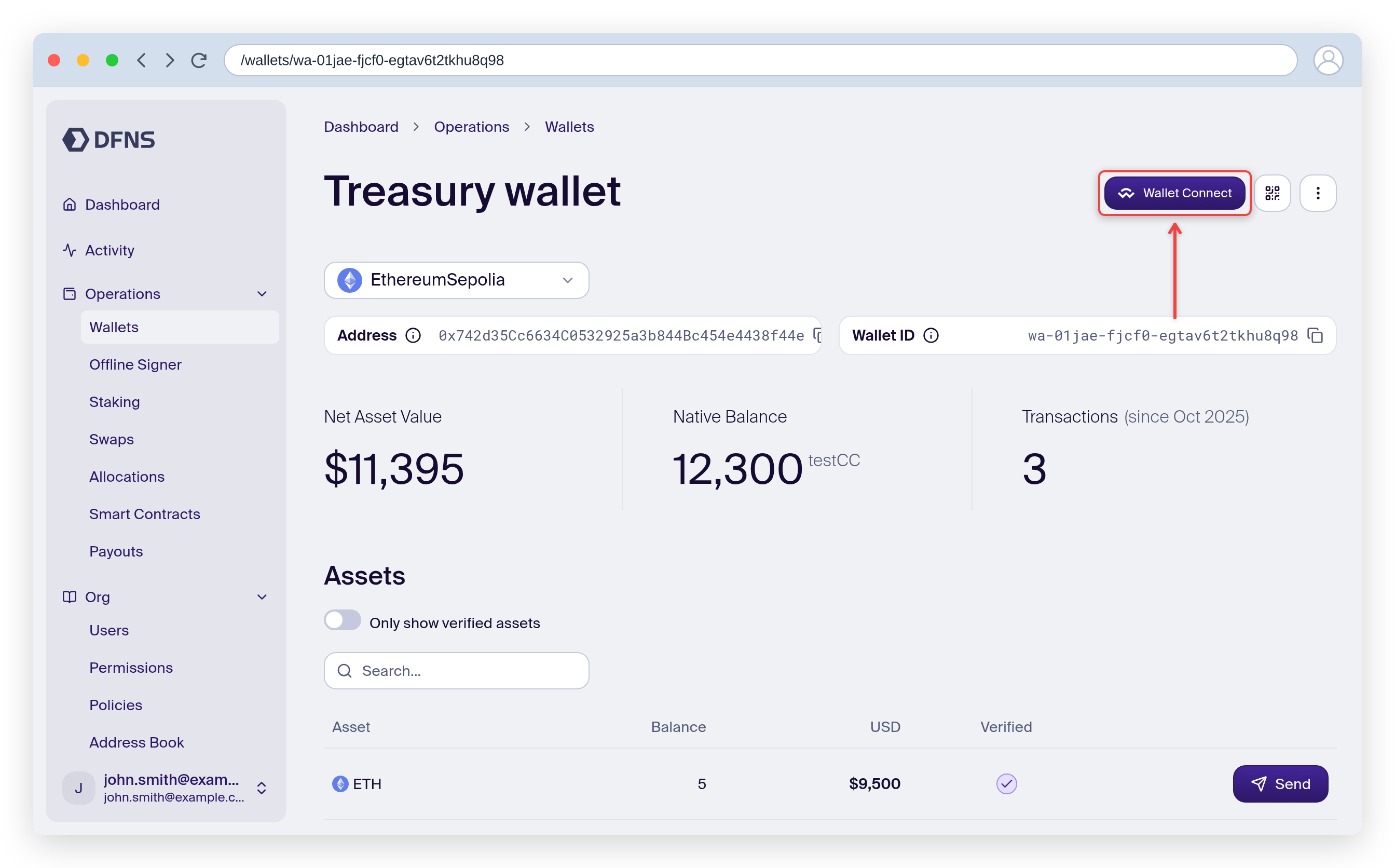 Wallet page with the WalletConnect button highlighted