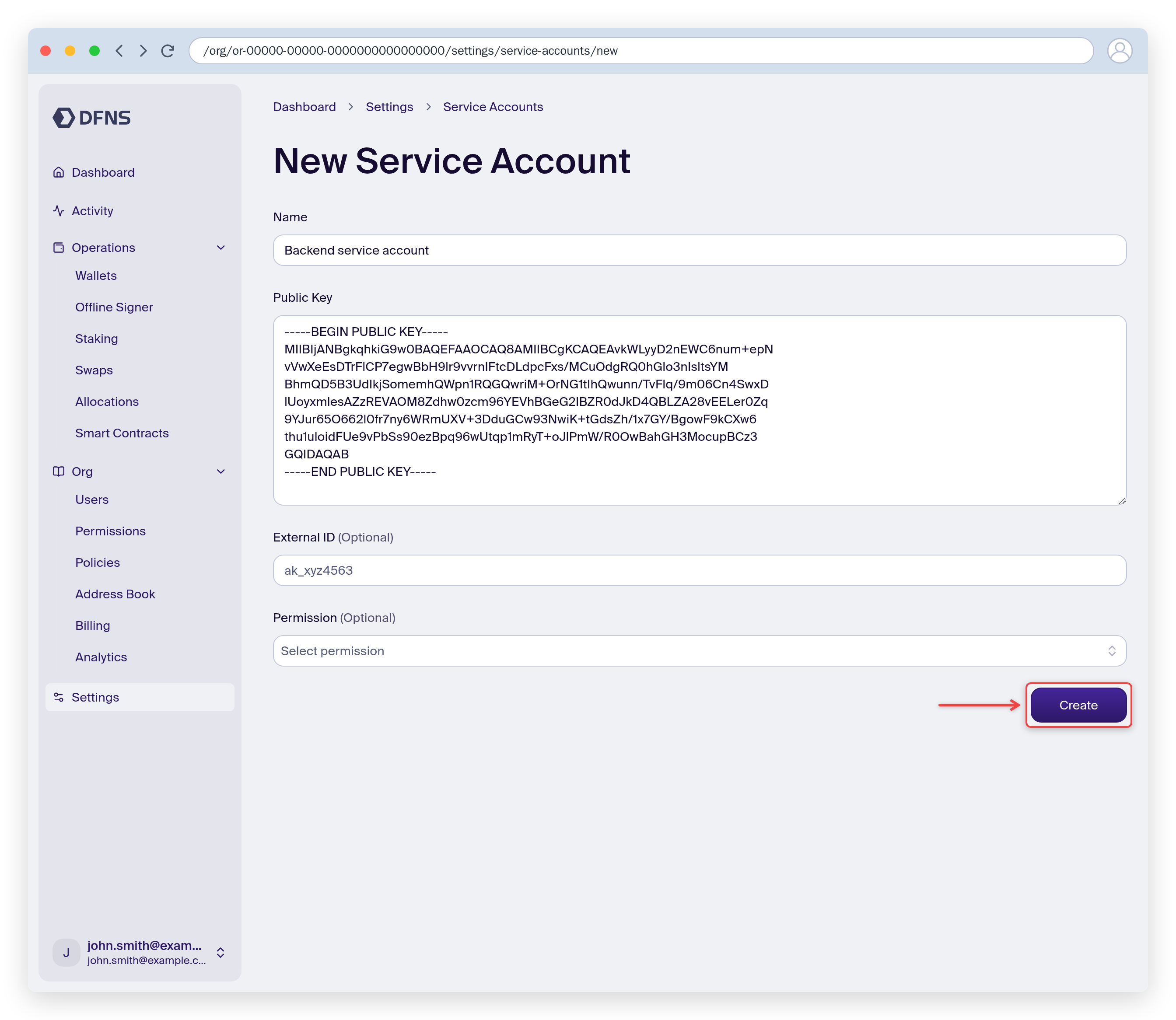 New service account form with a name and public key, Create button highlighted