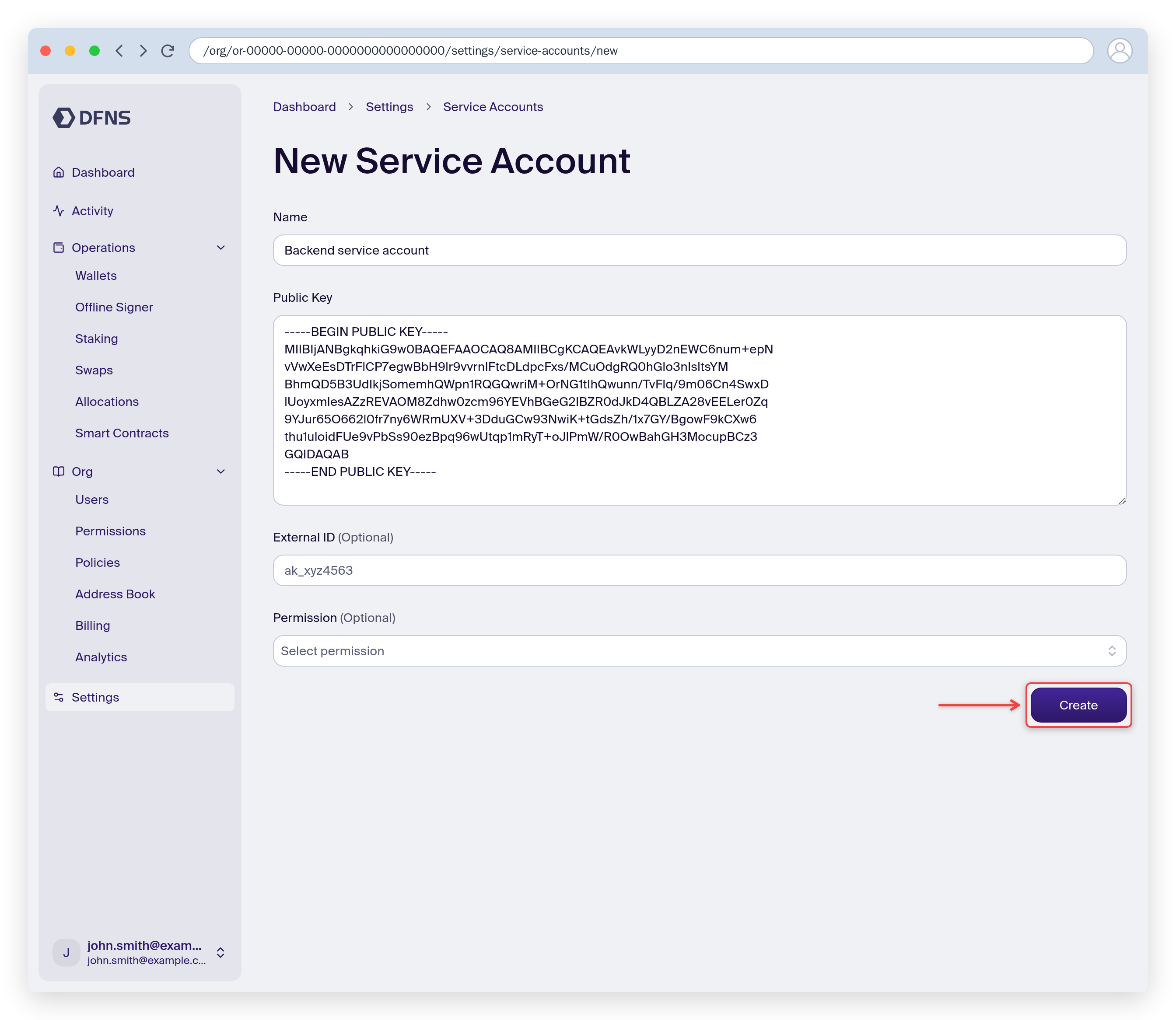 New service account form with a name and public key, Create button highlighted