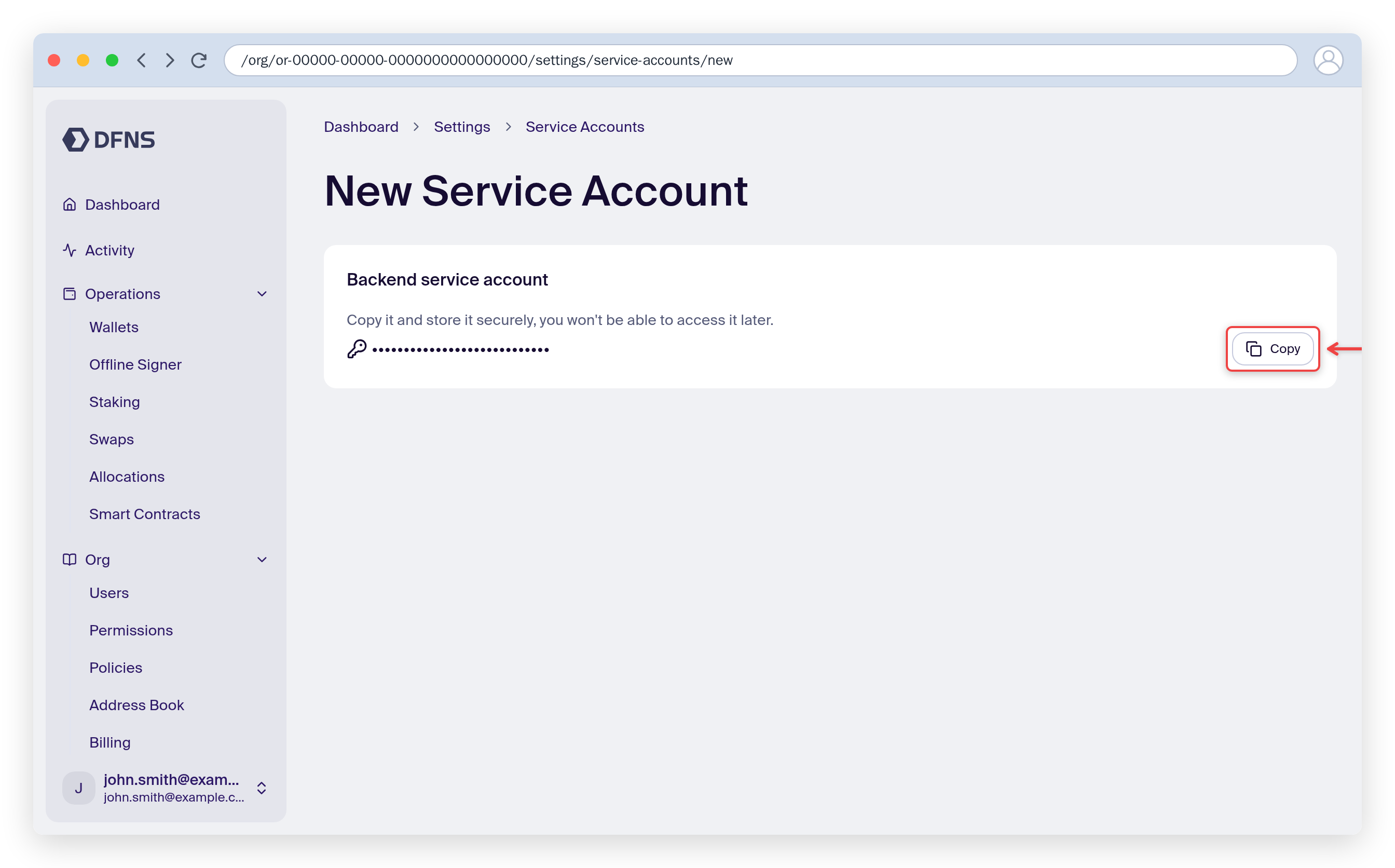 Service account creation showing the masked authentication token with a Copy button