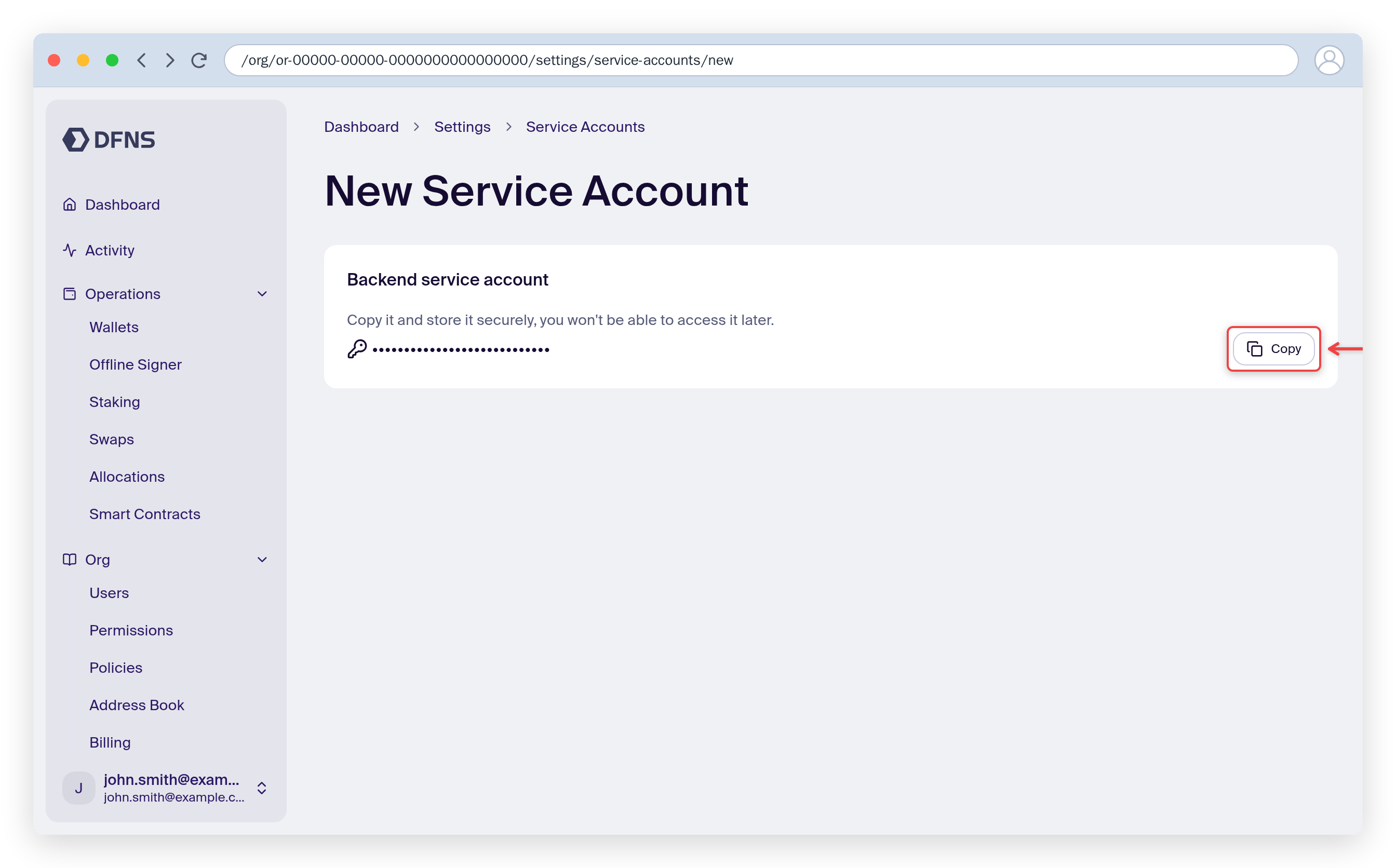 Service account creation showing the masked authentication token with a Copy button