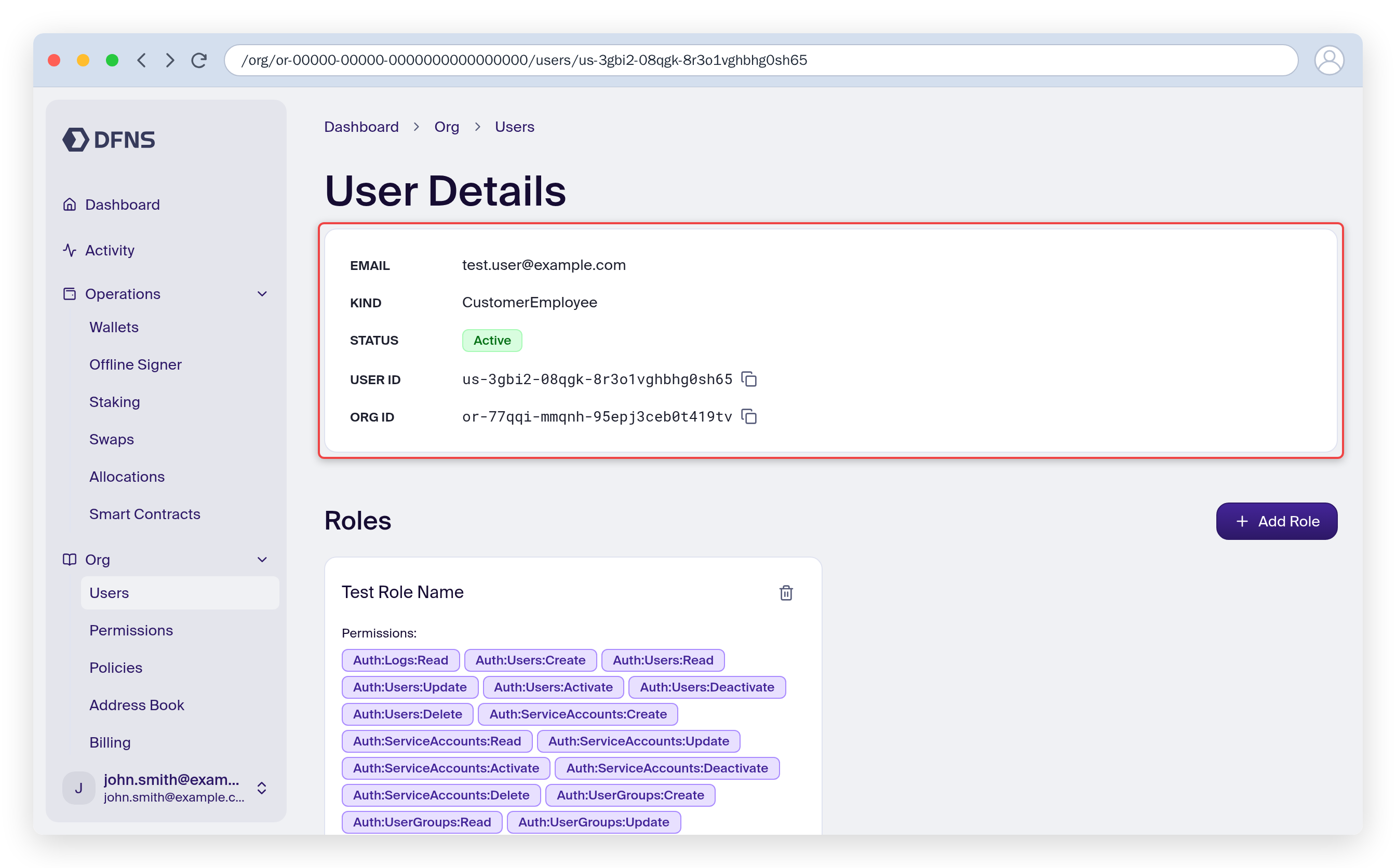 New user details overview with the user information highlighted