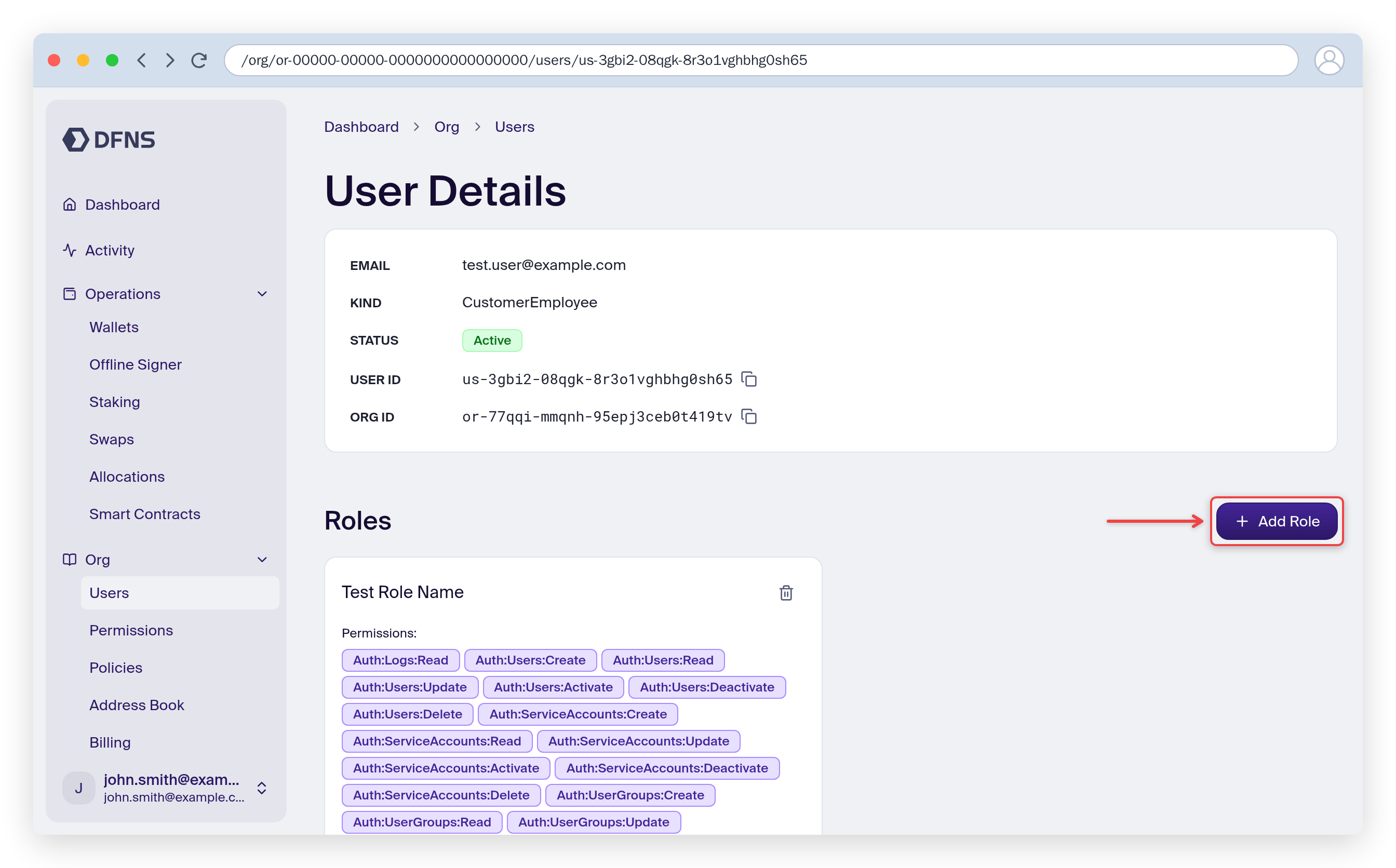 User details page with the Add Role button highlighted
