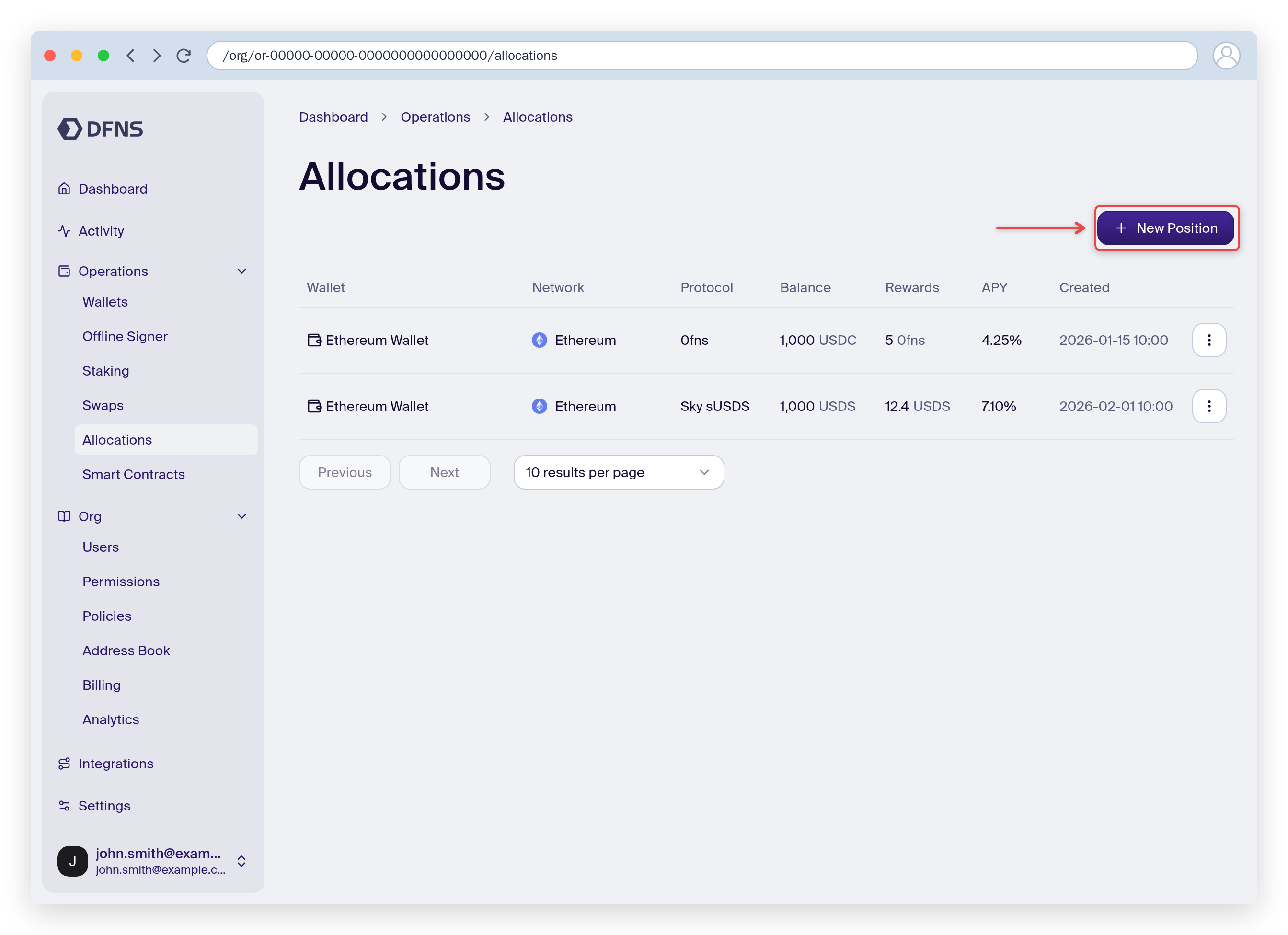 Allocations list with the Create Position button highlighted