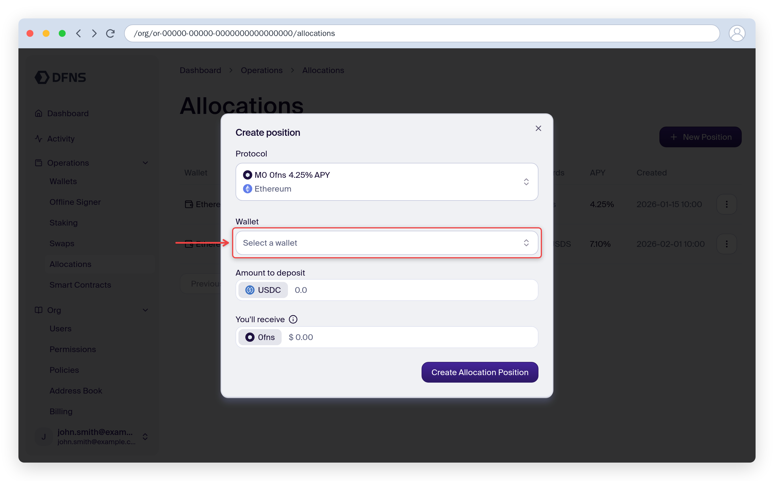 Create-position modal with the wallet selector
