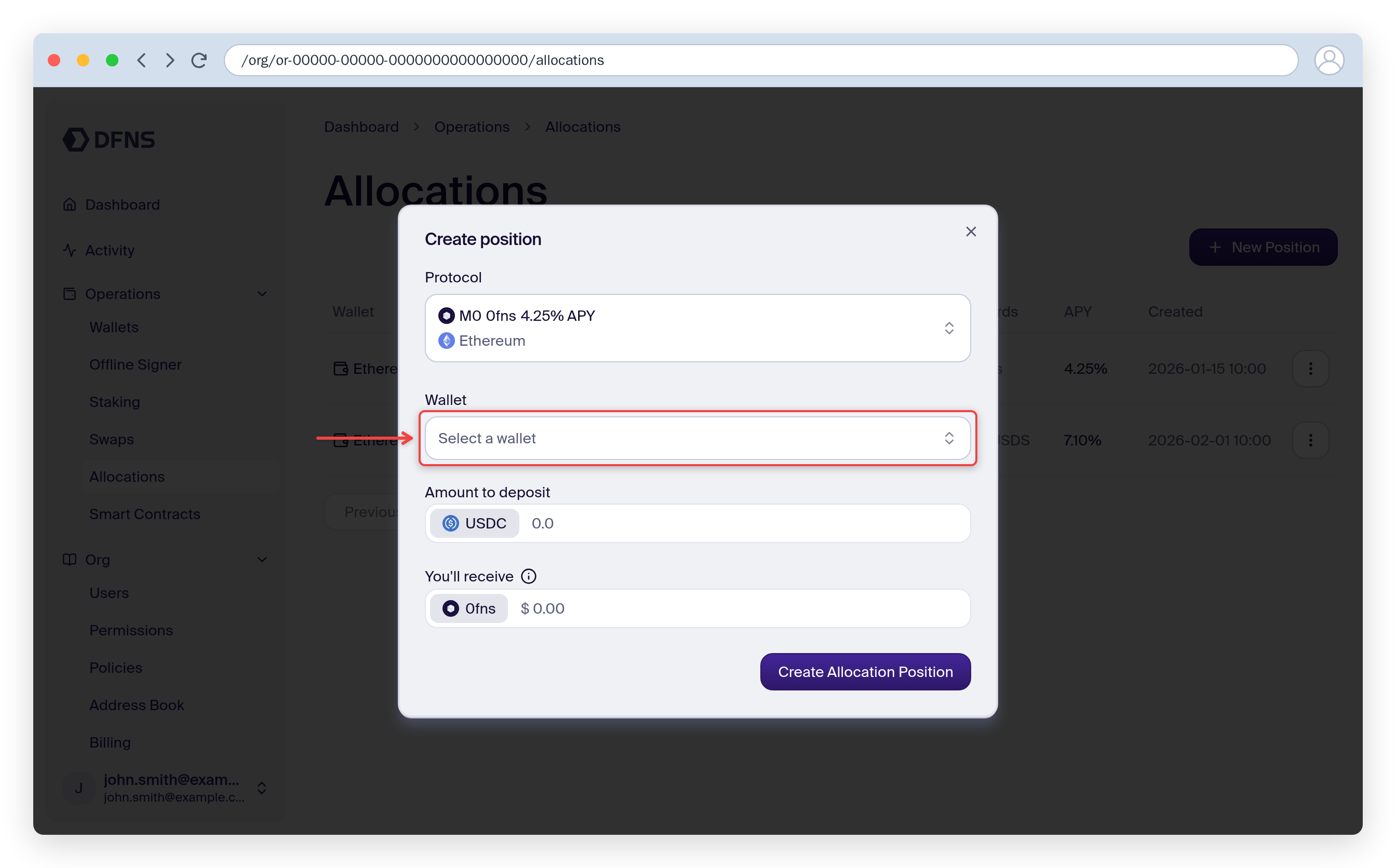 Create-position modal with the wallet selector
