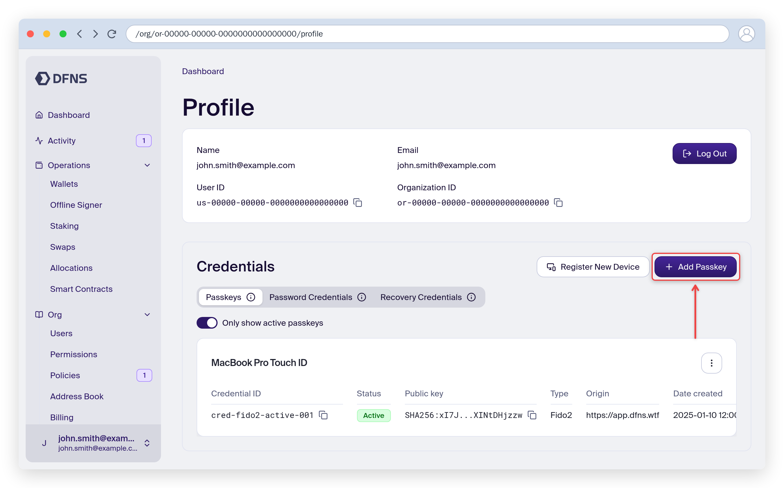 Profile page Passkeys tab listing existing credentials, with the Add passkey button highlighted