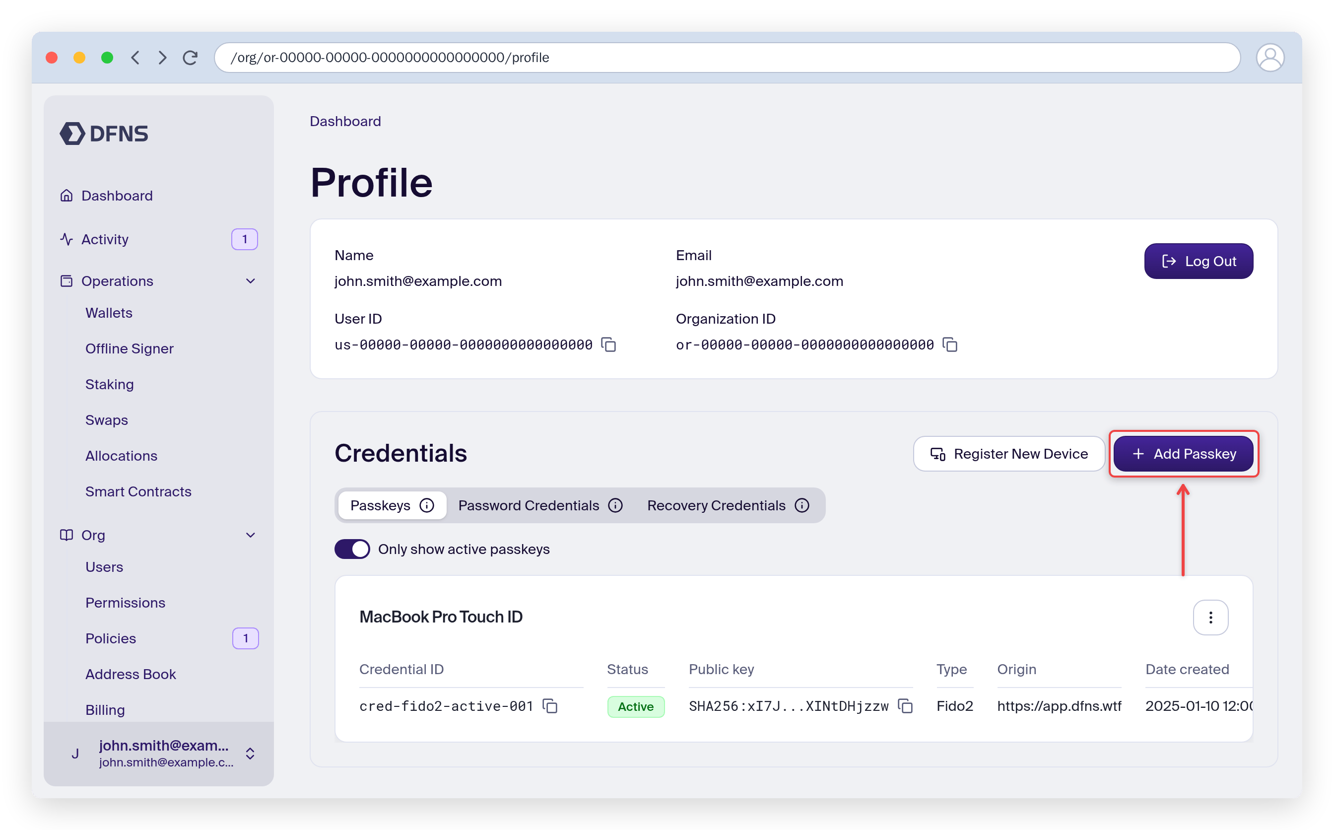 Profile page Passkeys tab listing existing credentials, with the Add passkey button highlighted