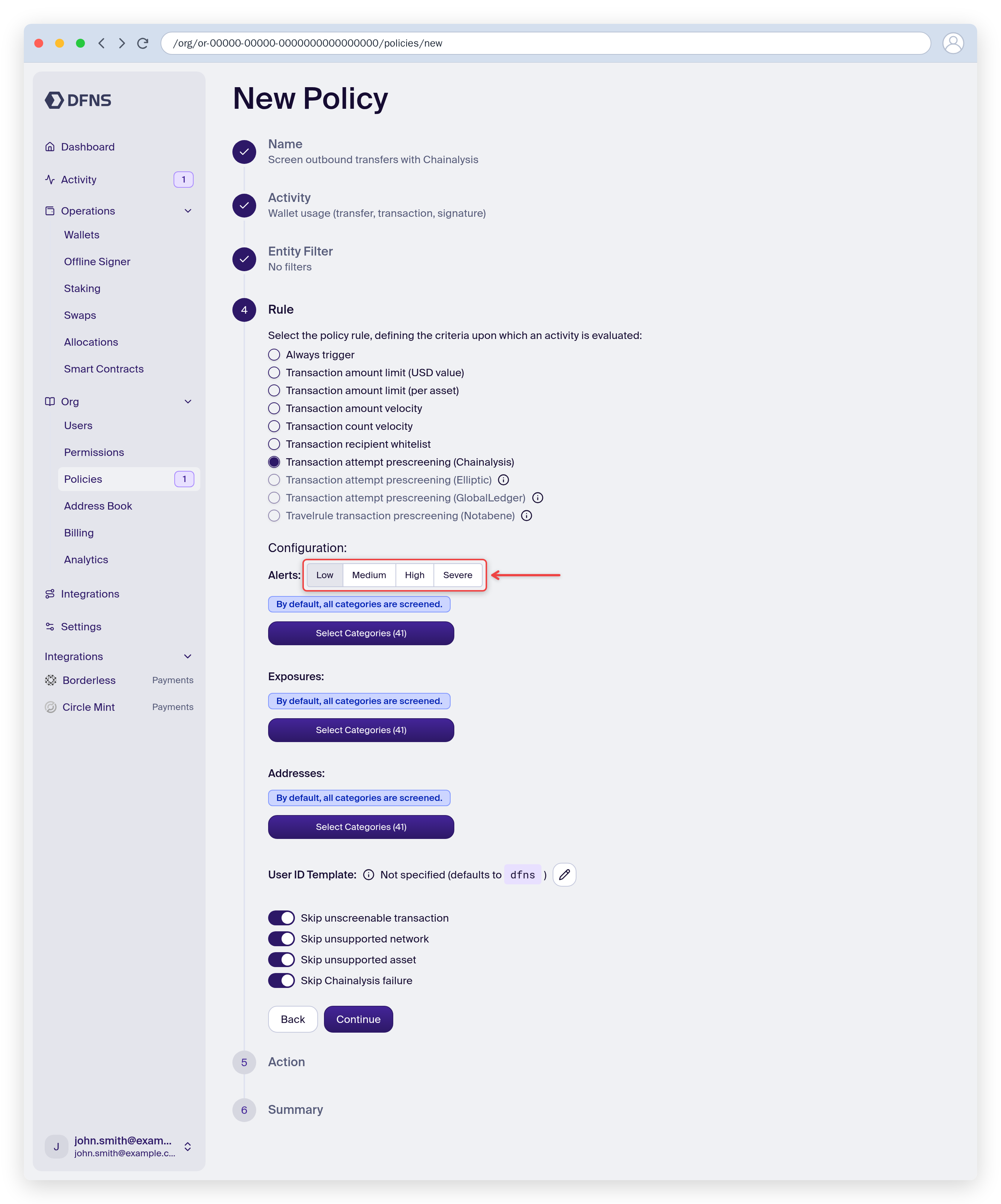 Policy rule set to Chainalysis prescreening with the alert level configuration
