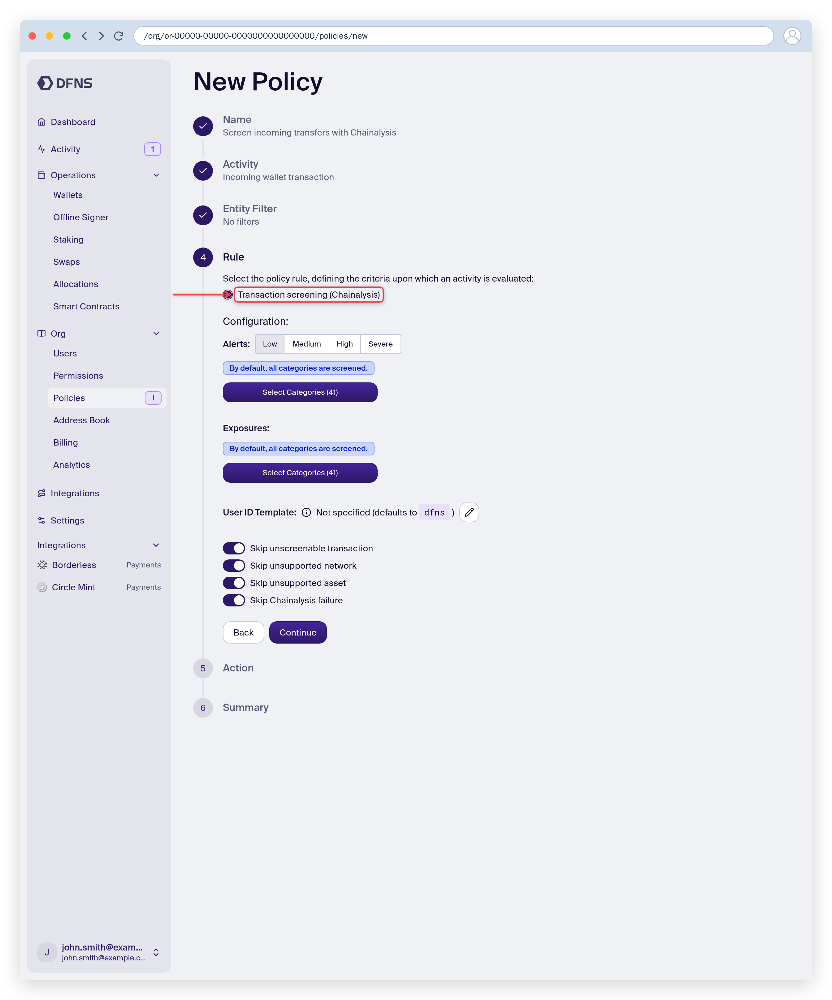 Policy rule set to Chainalysis incoming transaction screening