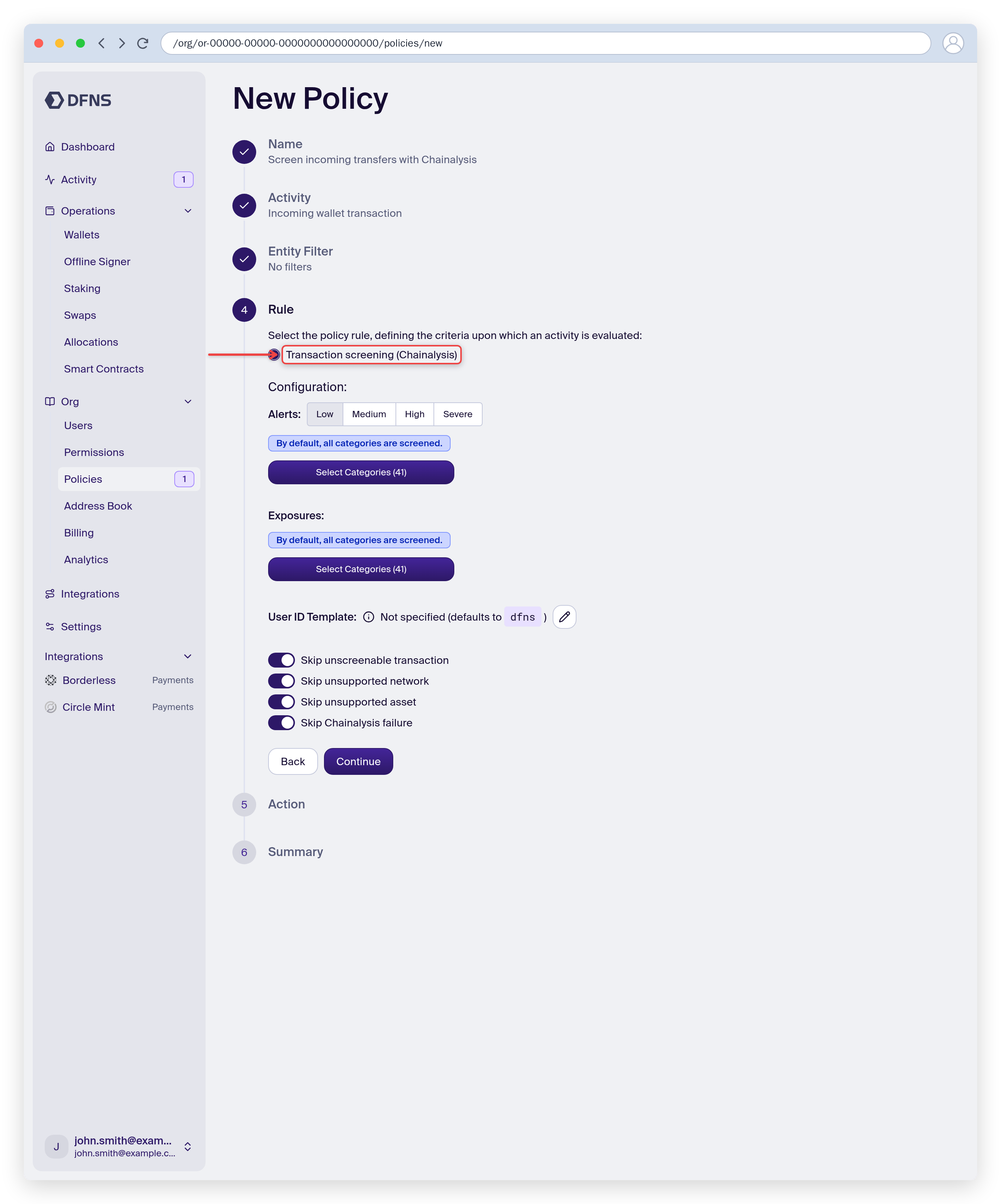 Policy rule set to Chainalysis incoming transaction screening