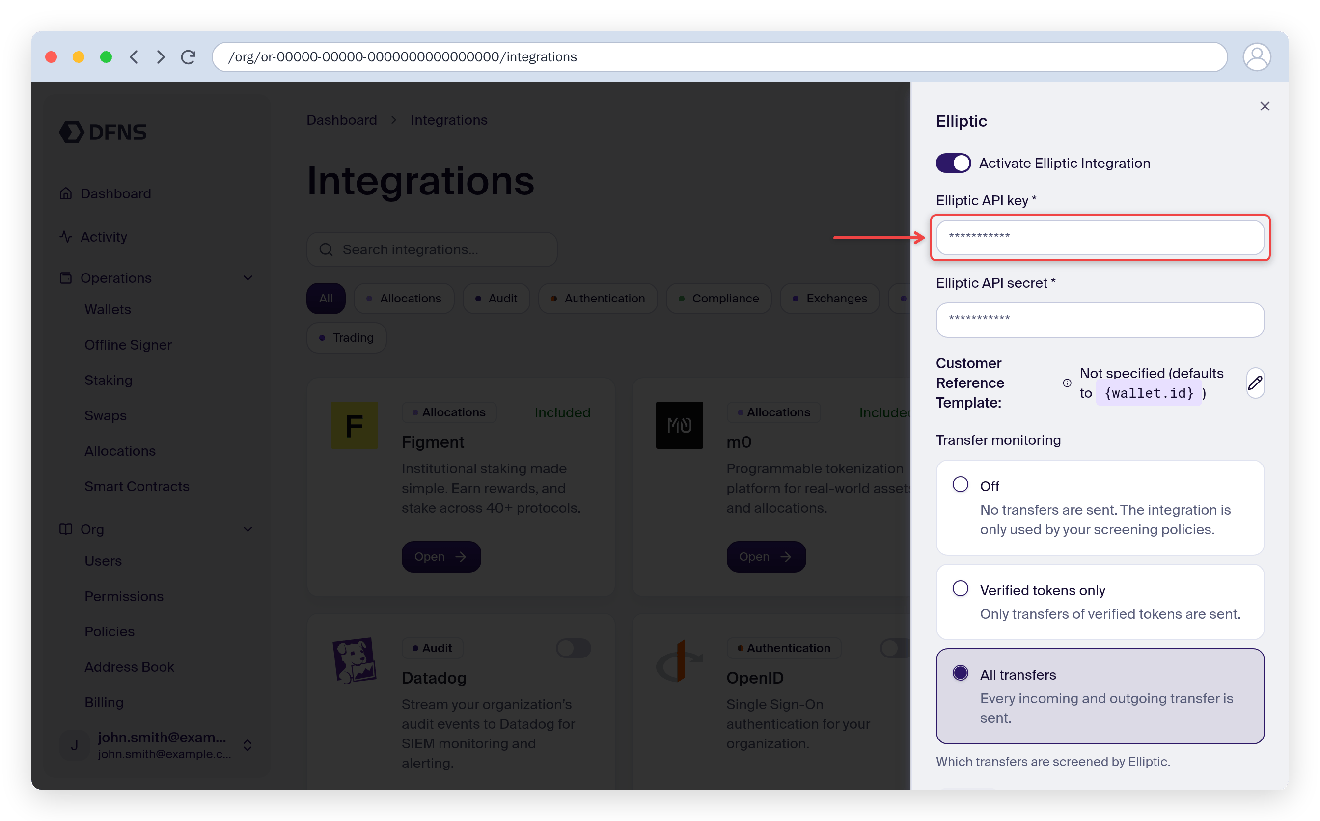 Elliptic integration settings with the API key, secret, and transfer monitoring fields