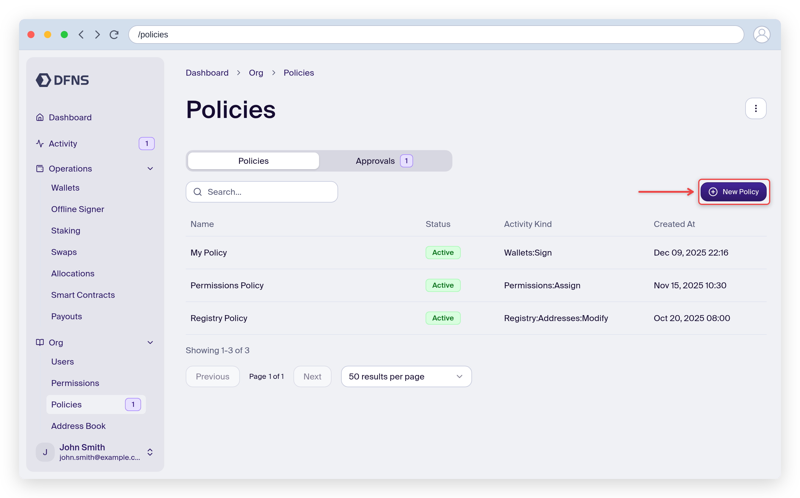 Policies page with the Create Policy button highlighted