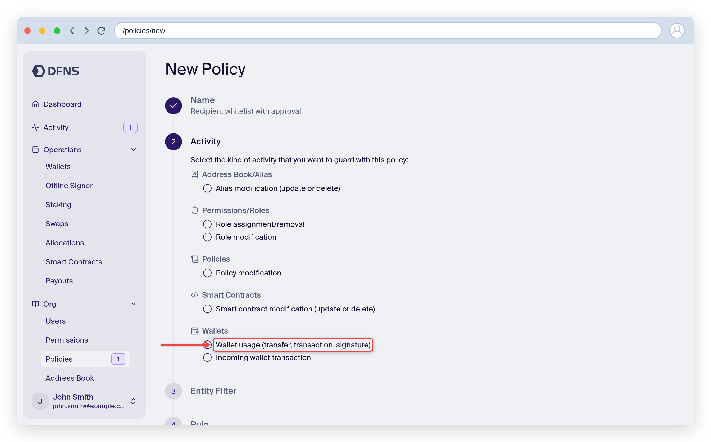 Policy wizard Activity step with Wallet usage highlighted