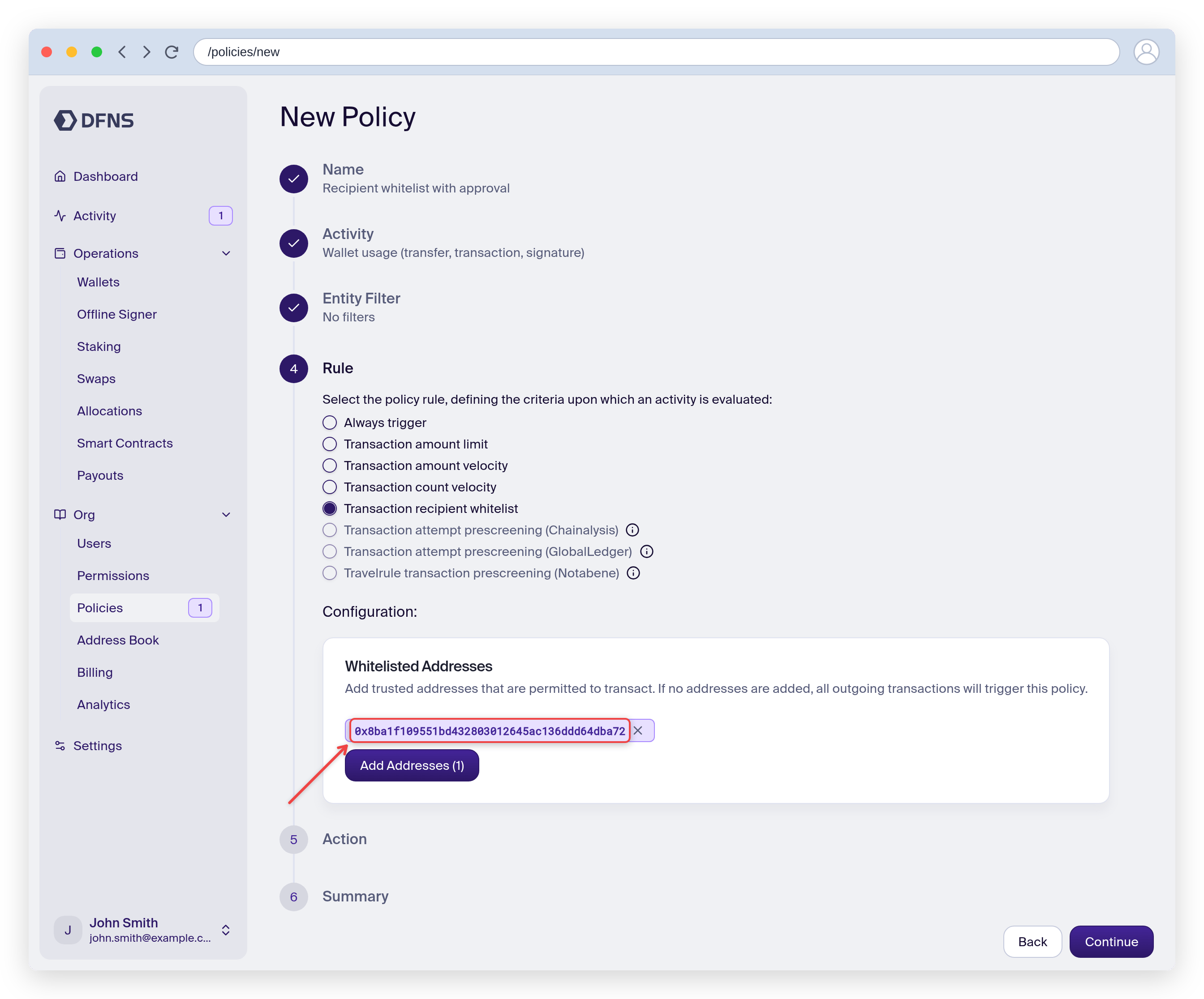 Policy wizard Rule step with a whitelisted address configured