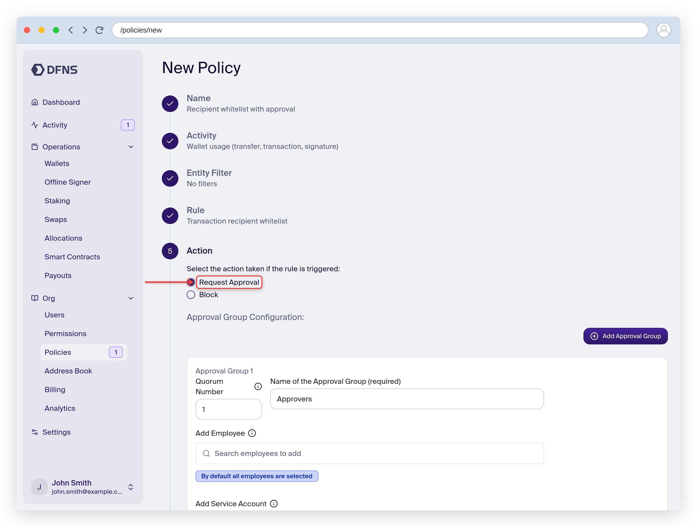 Policy wizard Action step with Request Approval and an approval group