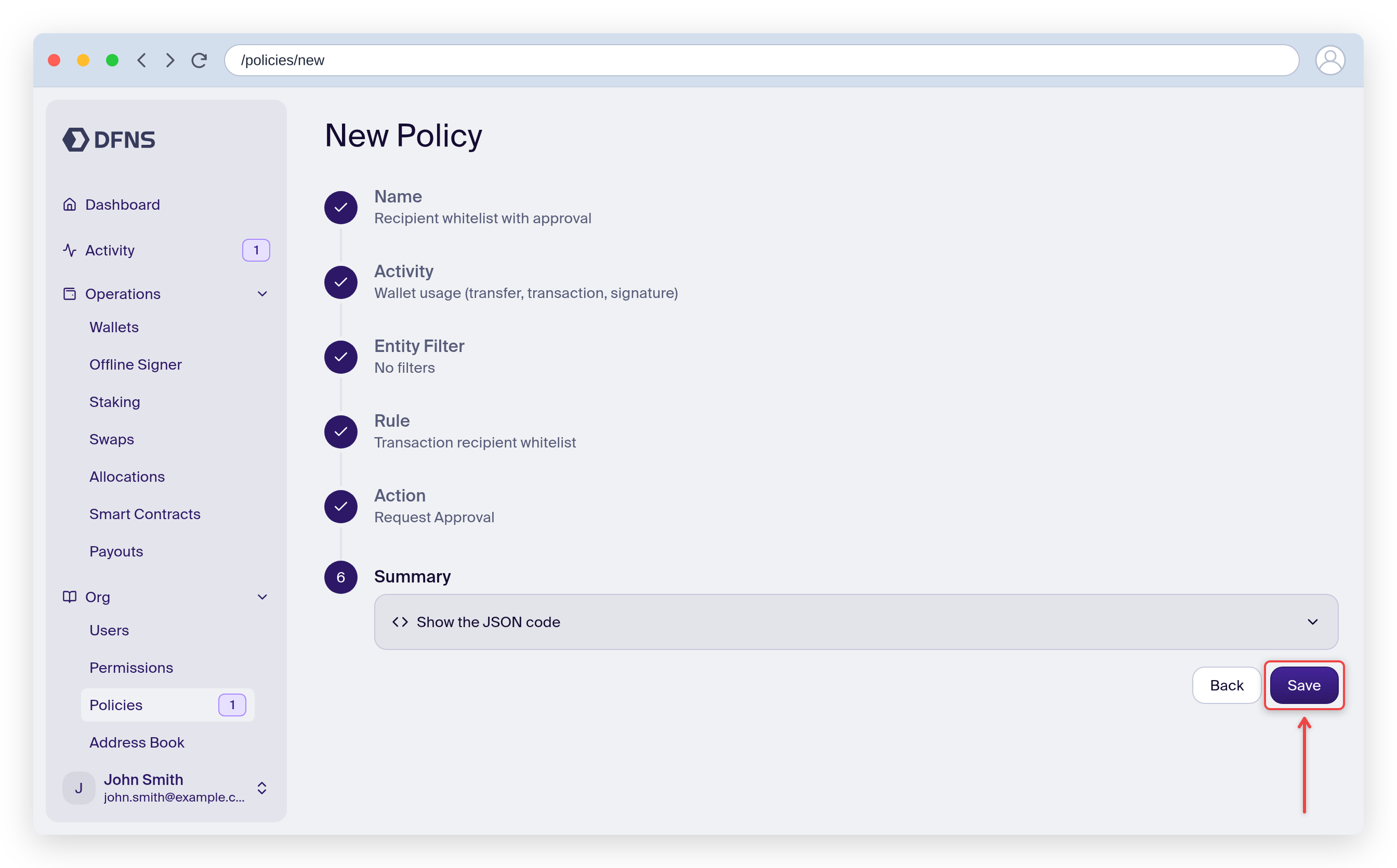 Policy wizard Summary step with the Save button highlighted