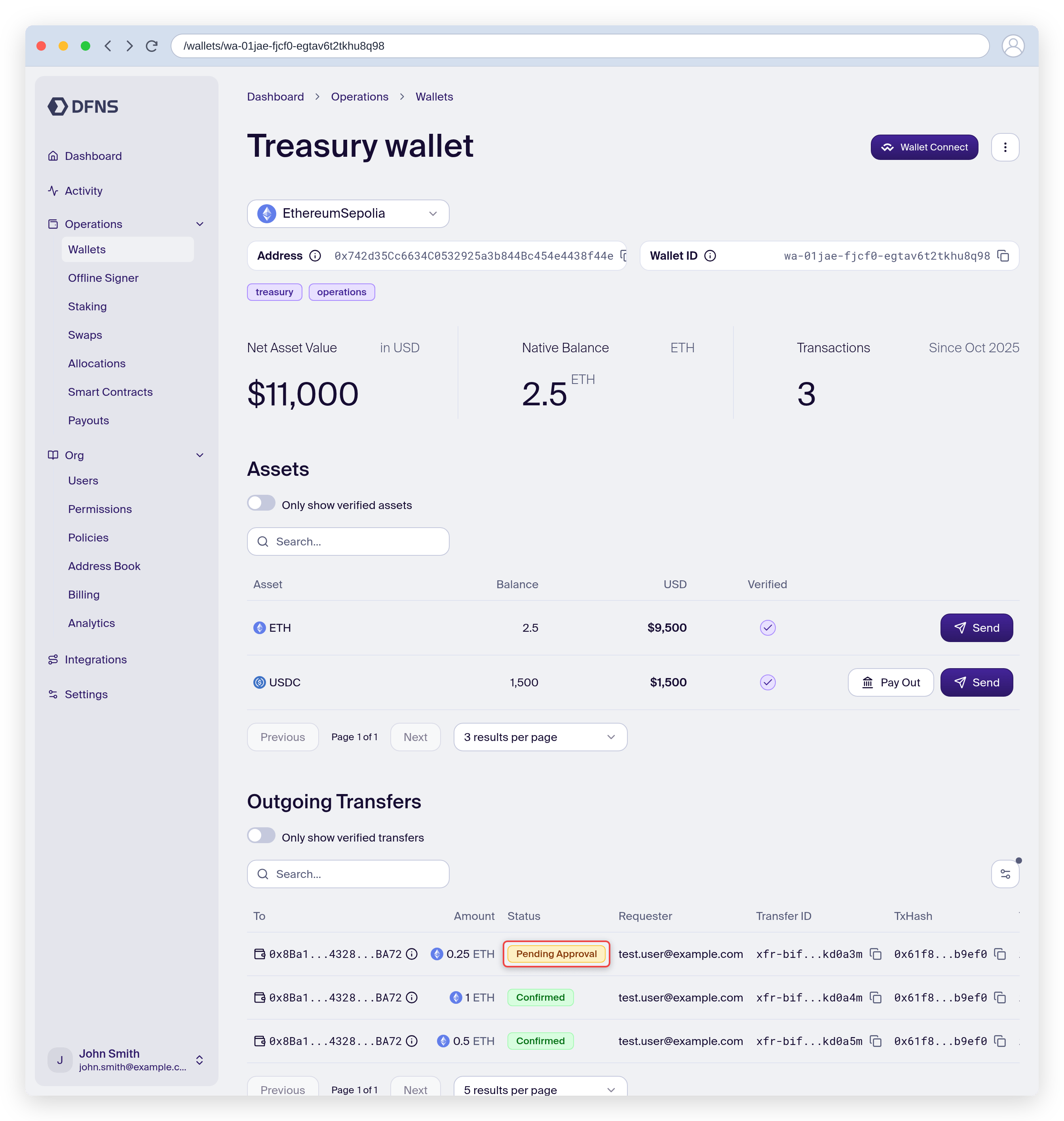 Wallet detail page showing assets, balances and transfers