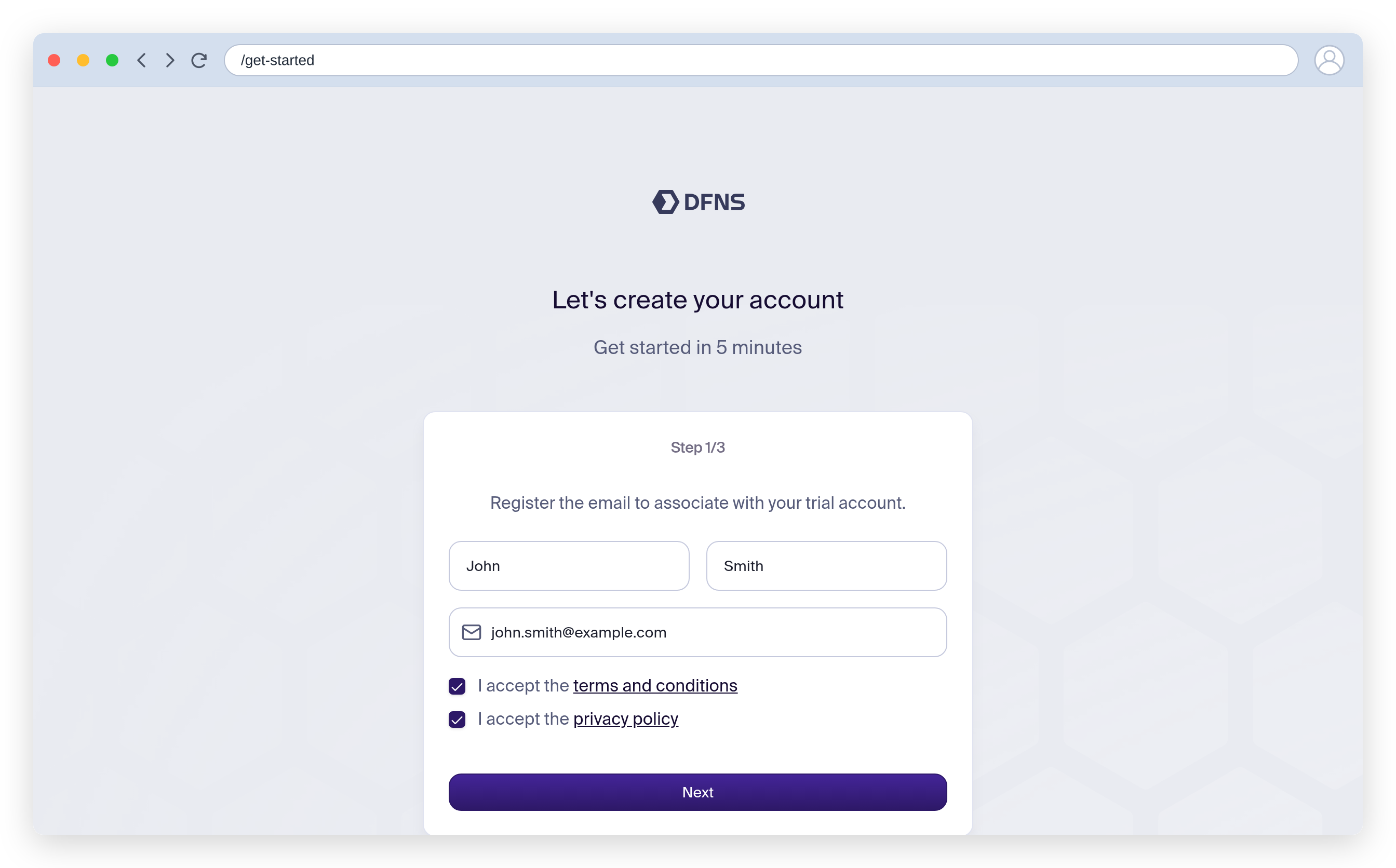 Get-started signup form to create your organization