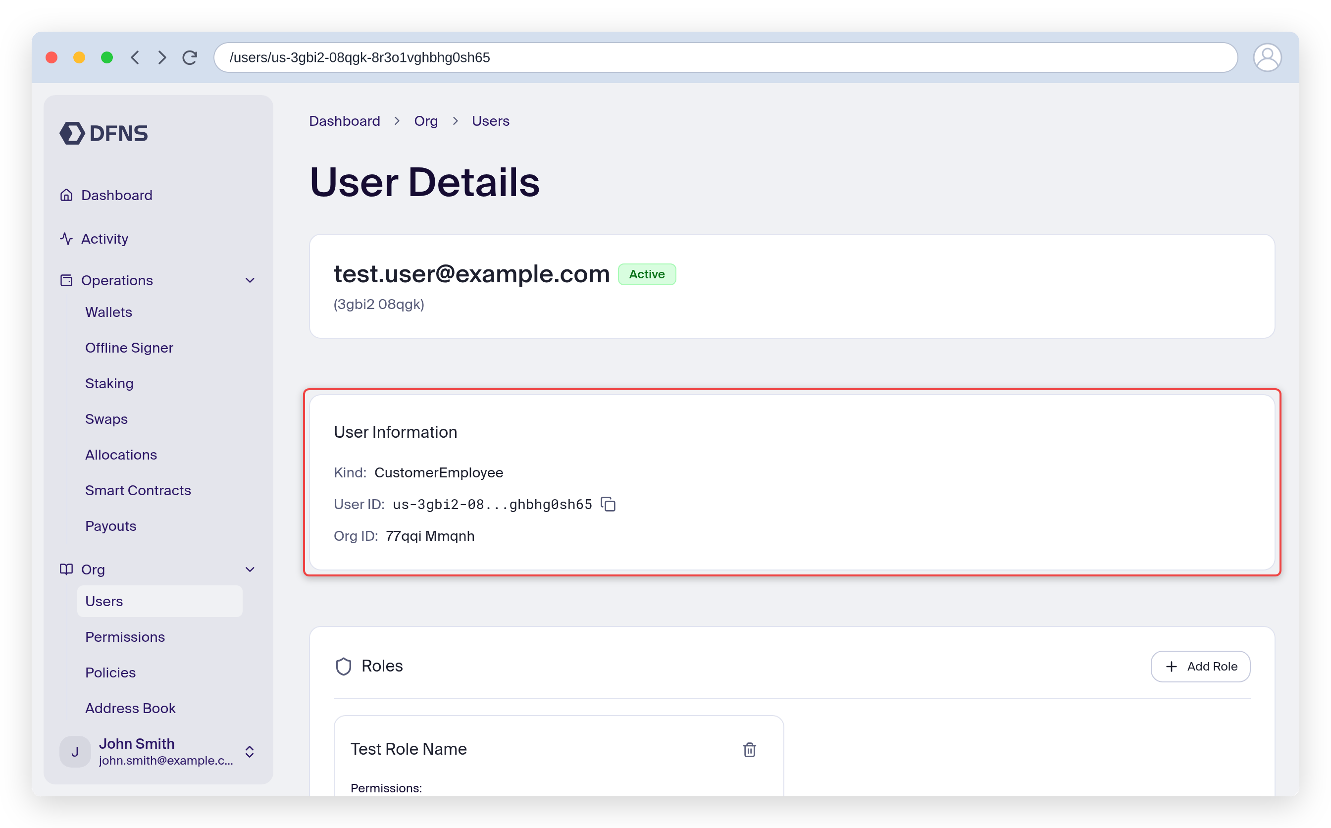 New user details overview with the user information highlighted