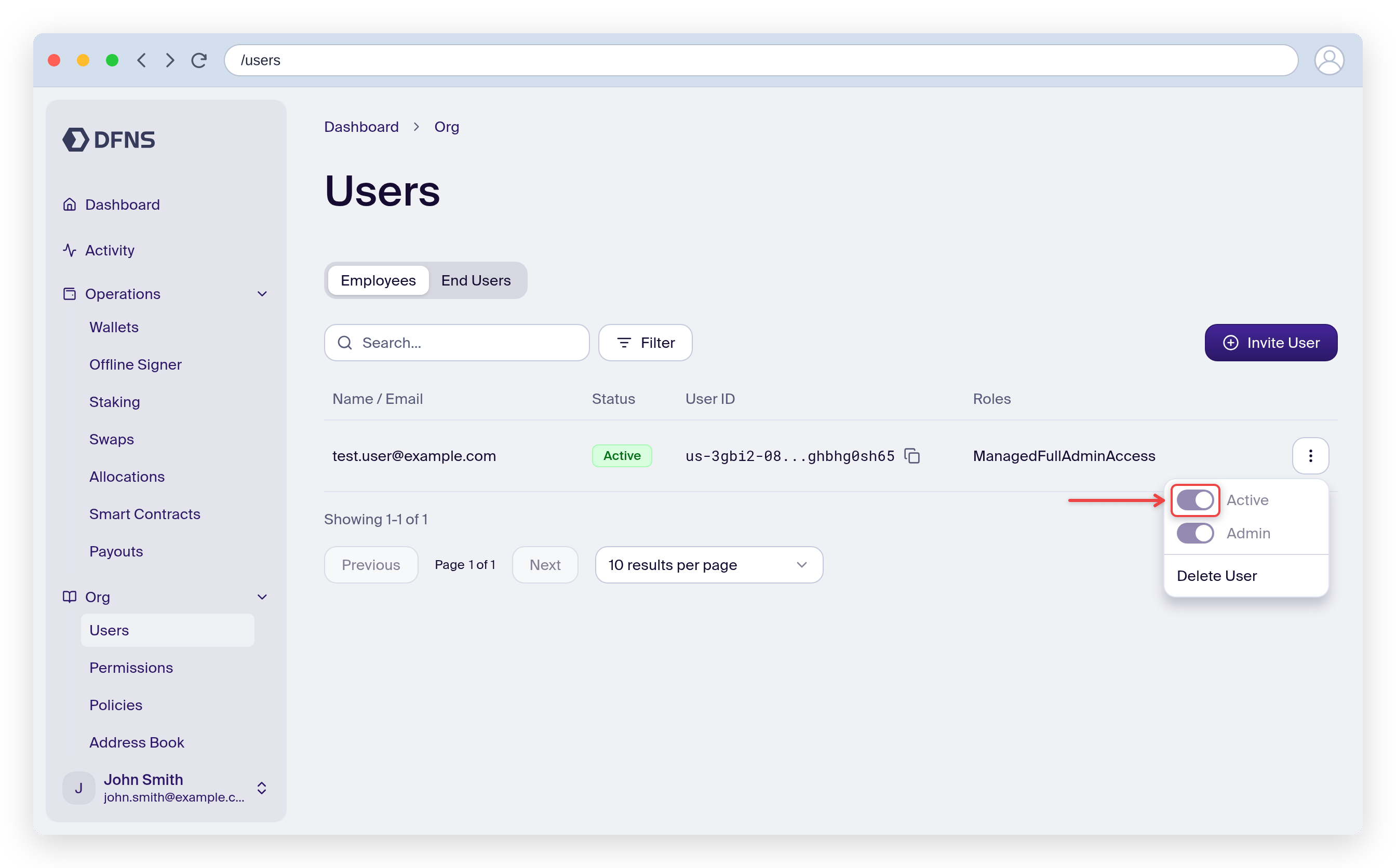 User action menu with the Active toggle highlighted