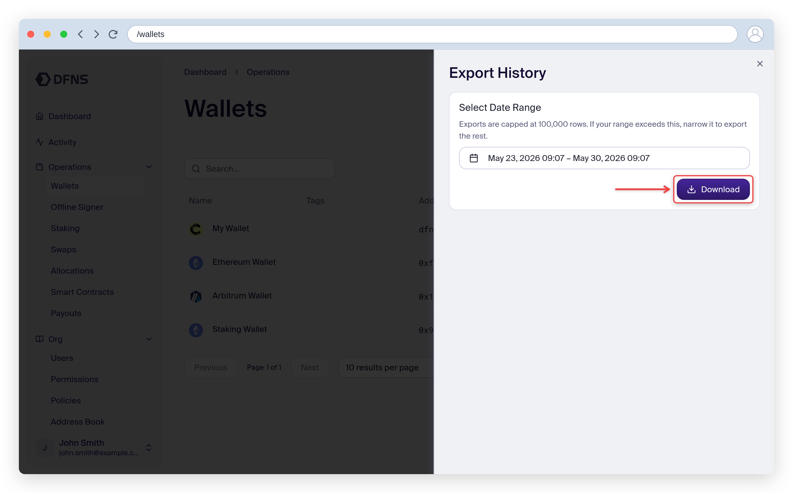 Export History panel with a date range and the Download button