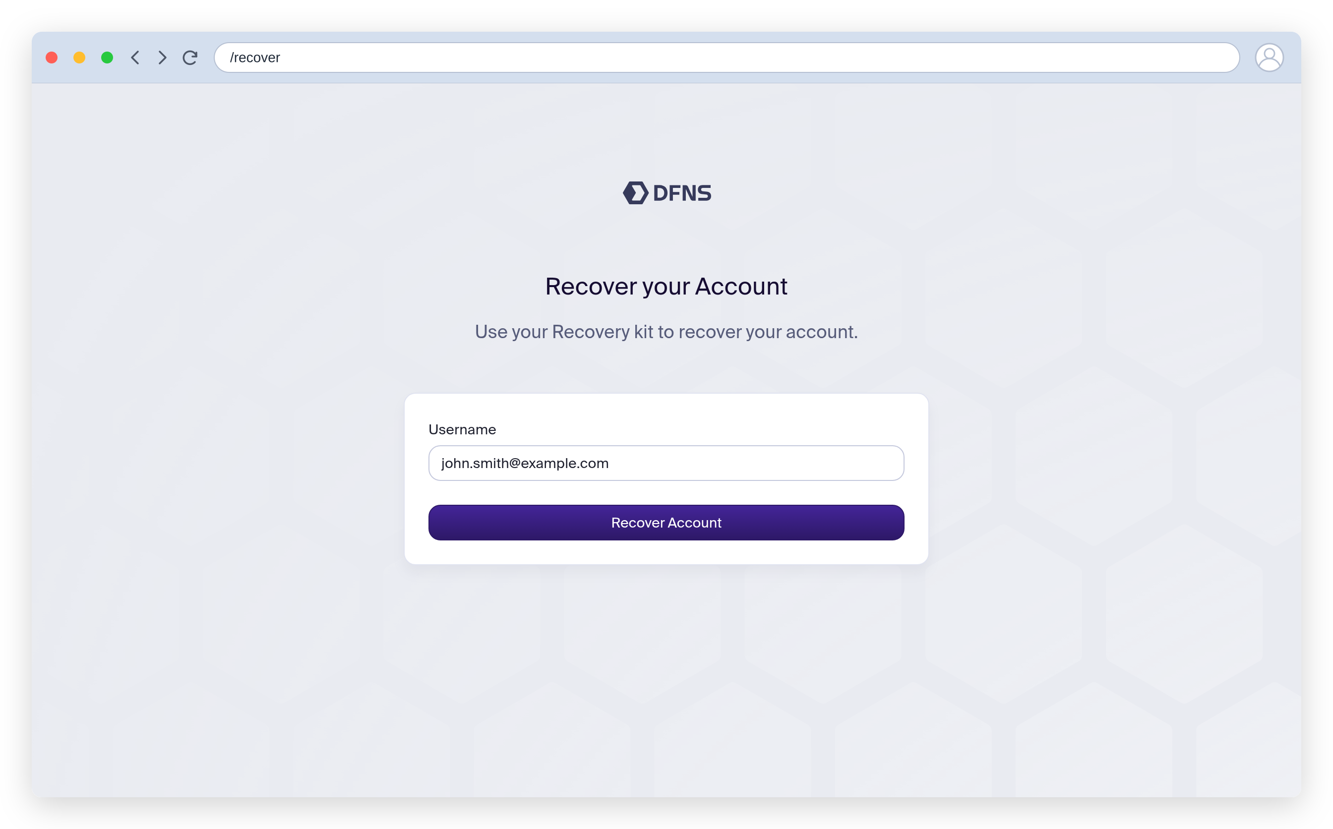 Recover your account page with the username field