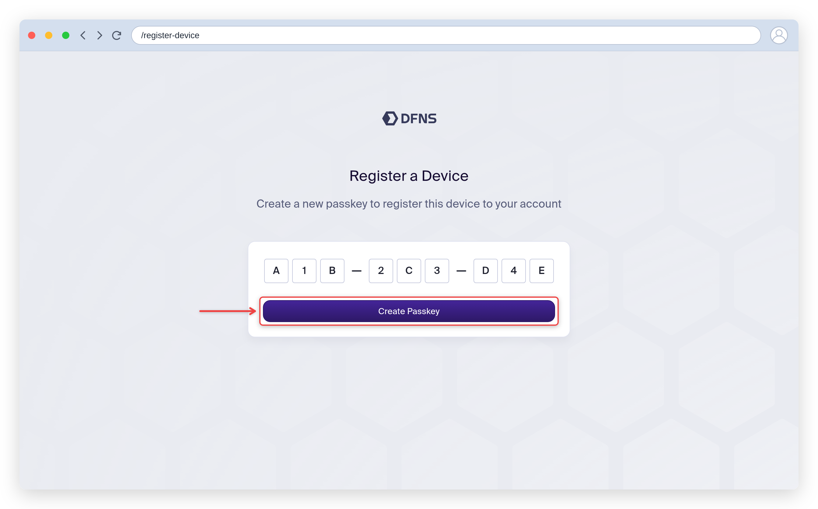 Register a device page with the code entered and the Create Passkey button highlighted