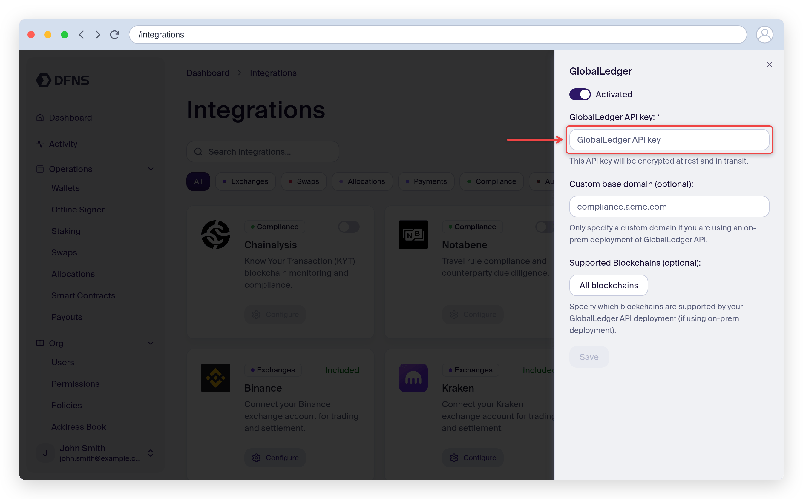 Global Ledger integration settings with the API key field