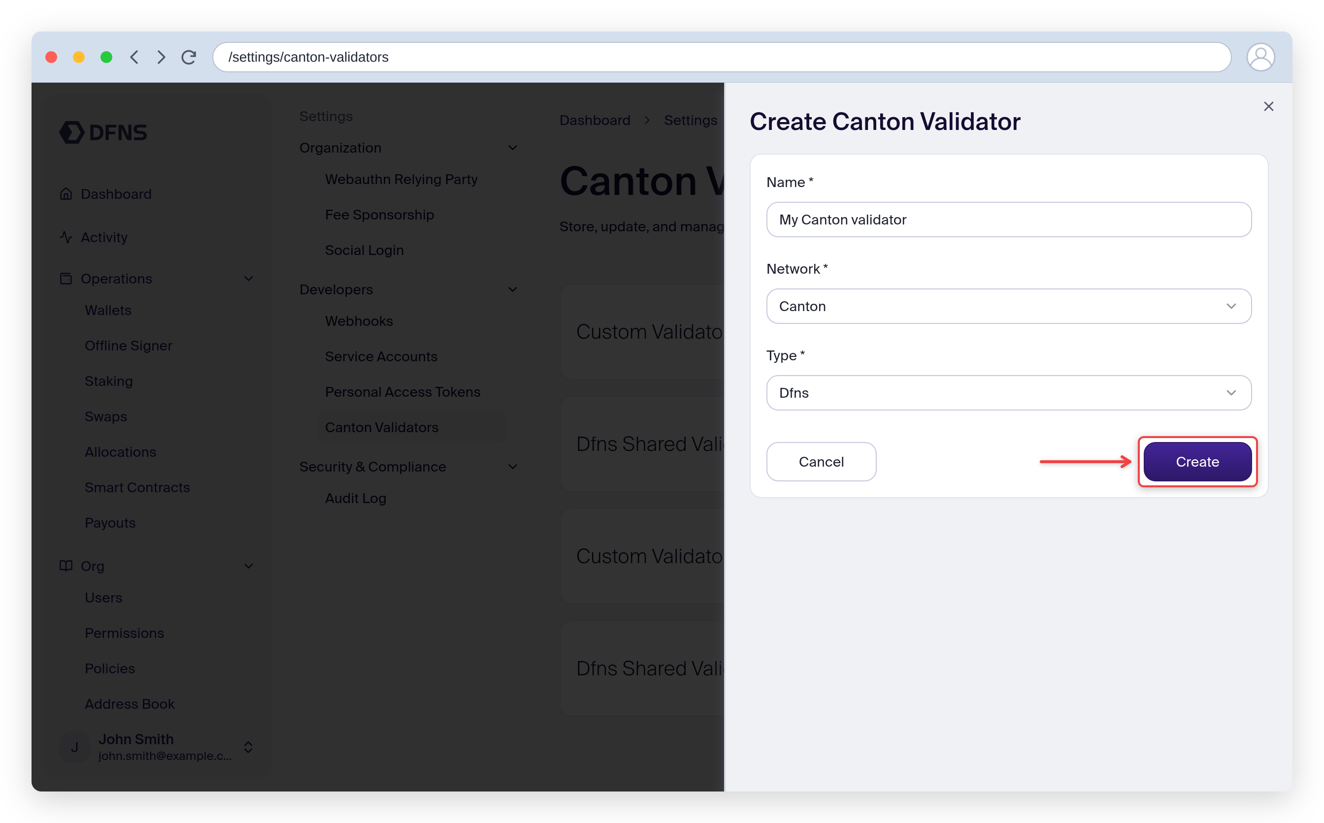 Create Canton Validator form with the DFNS (shared) type selected