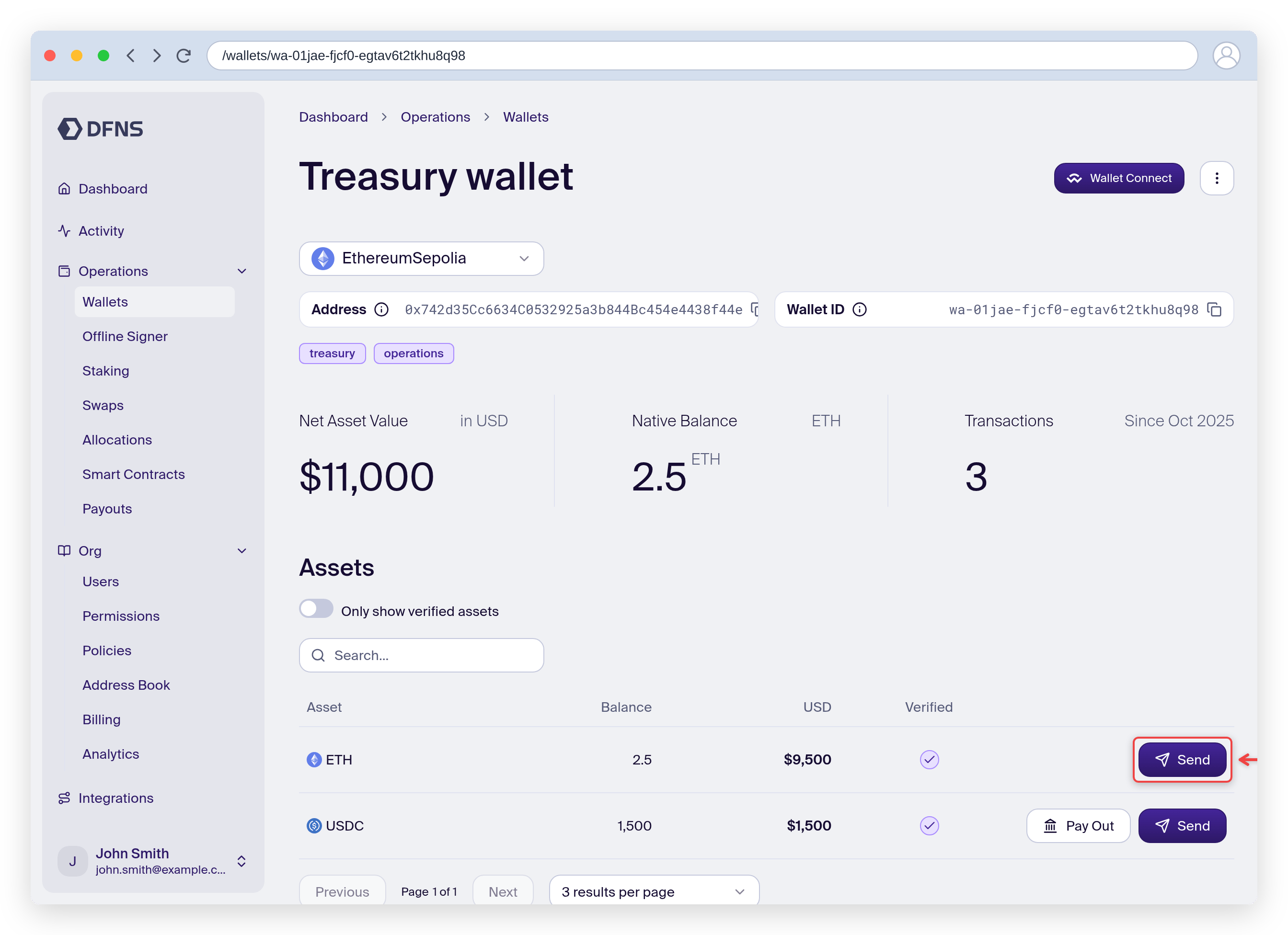 Wallet detail page with the asset Send button highlighted