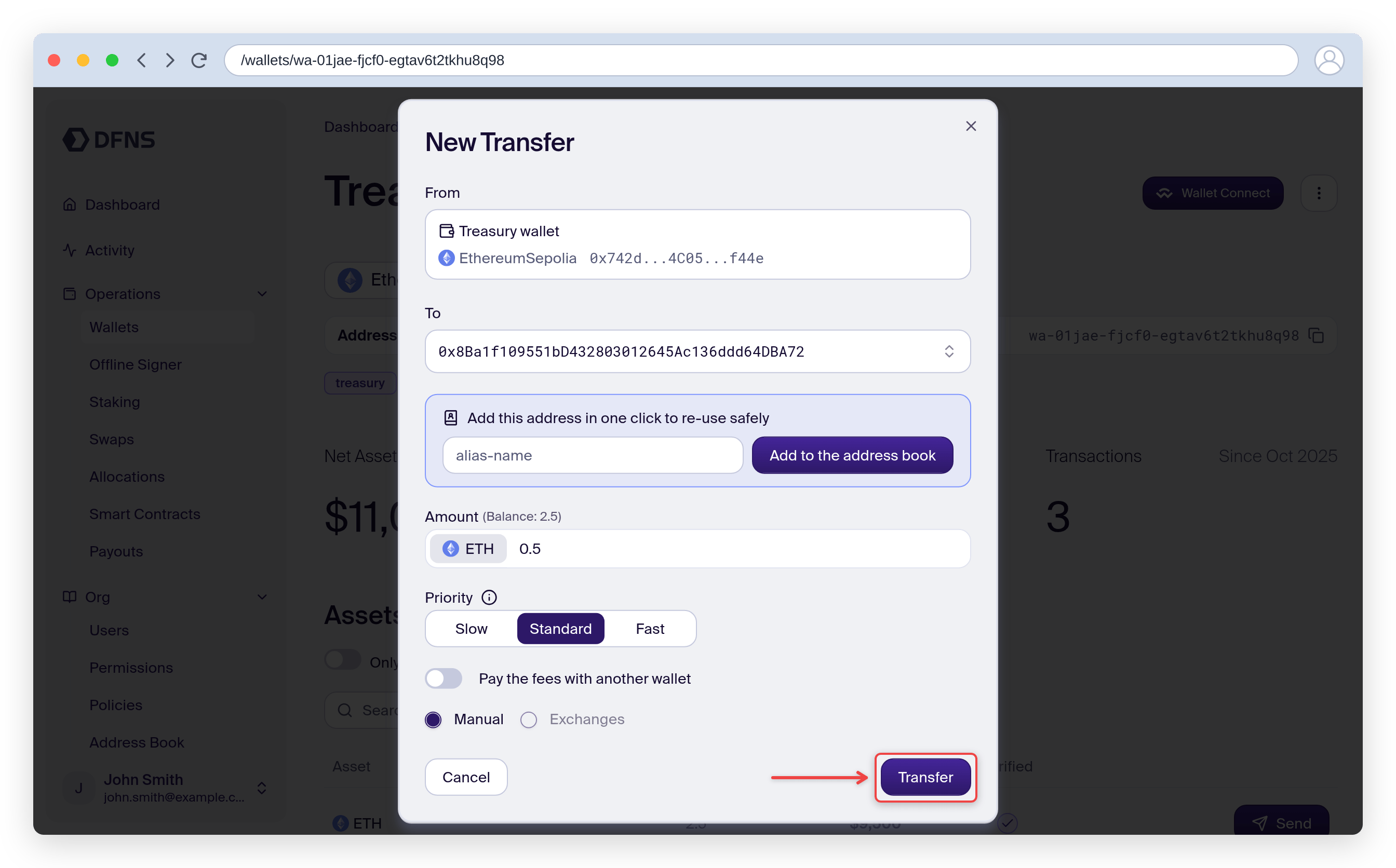 Transfer modal with recipient address and amount filled in, Transfer button highlighted