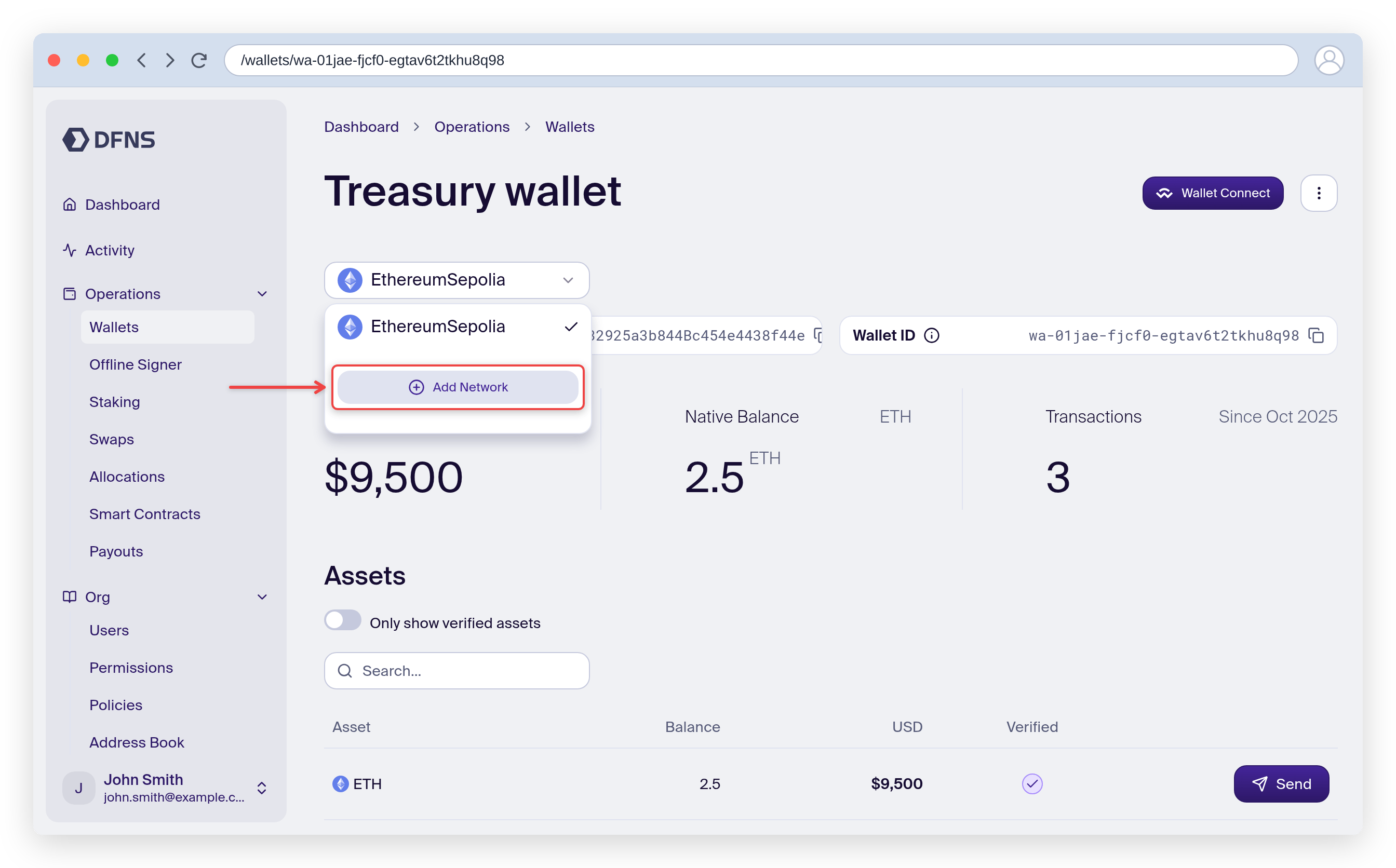 Wallet detail with the network selector open and the Add Network option highlighted