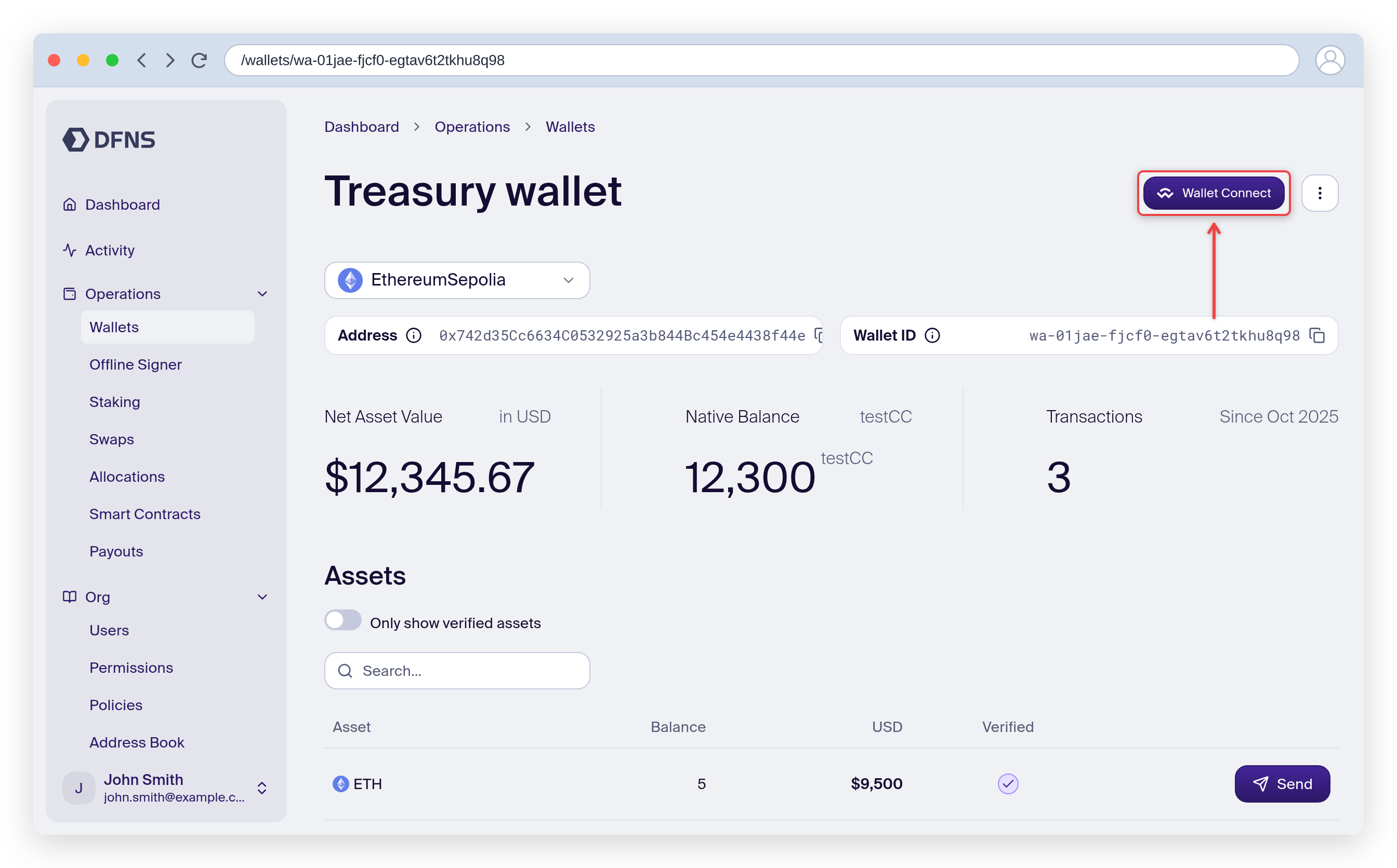 Wallet page with the WalletConnect button highlighted