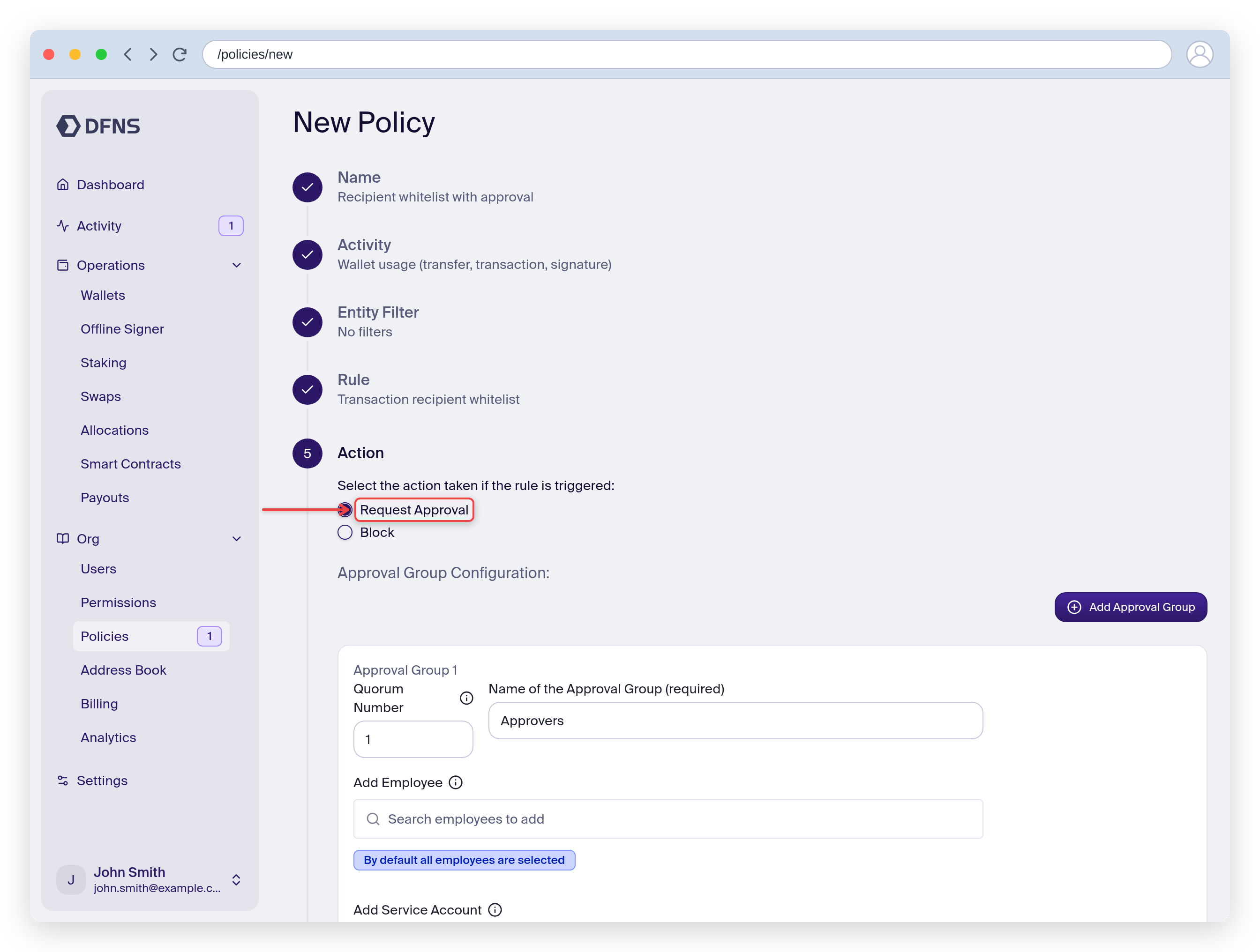 Policy wizard Action step with Request Approval and an approval group