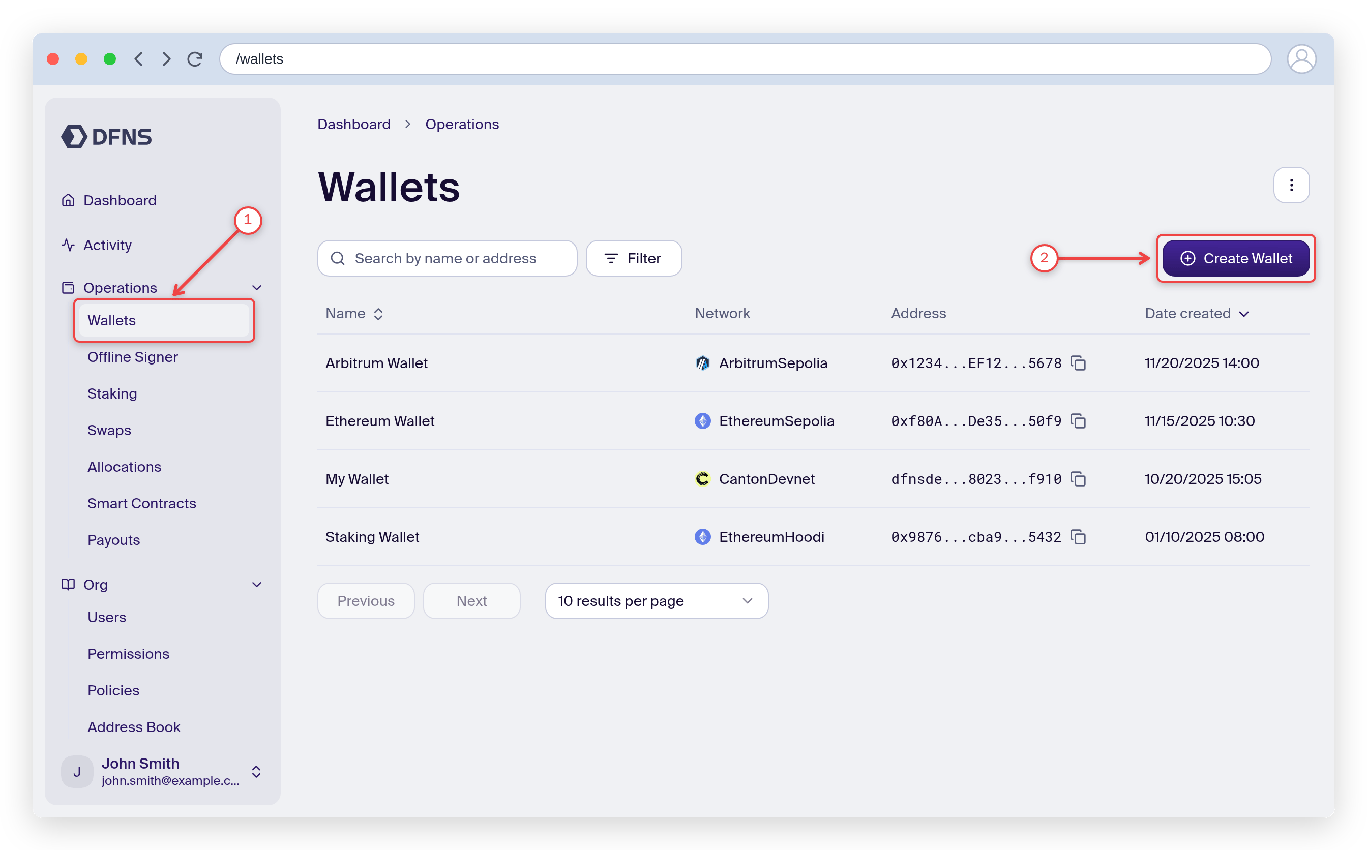 Wallets page with the Wallets menu item and the Create Wallet button highlighted