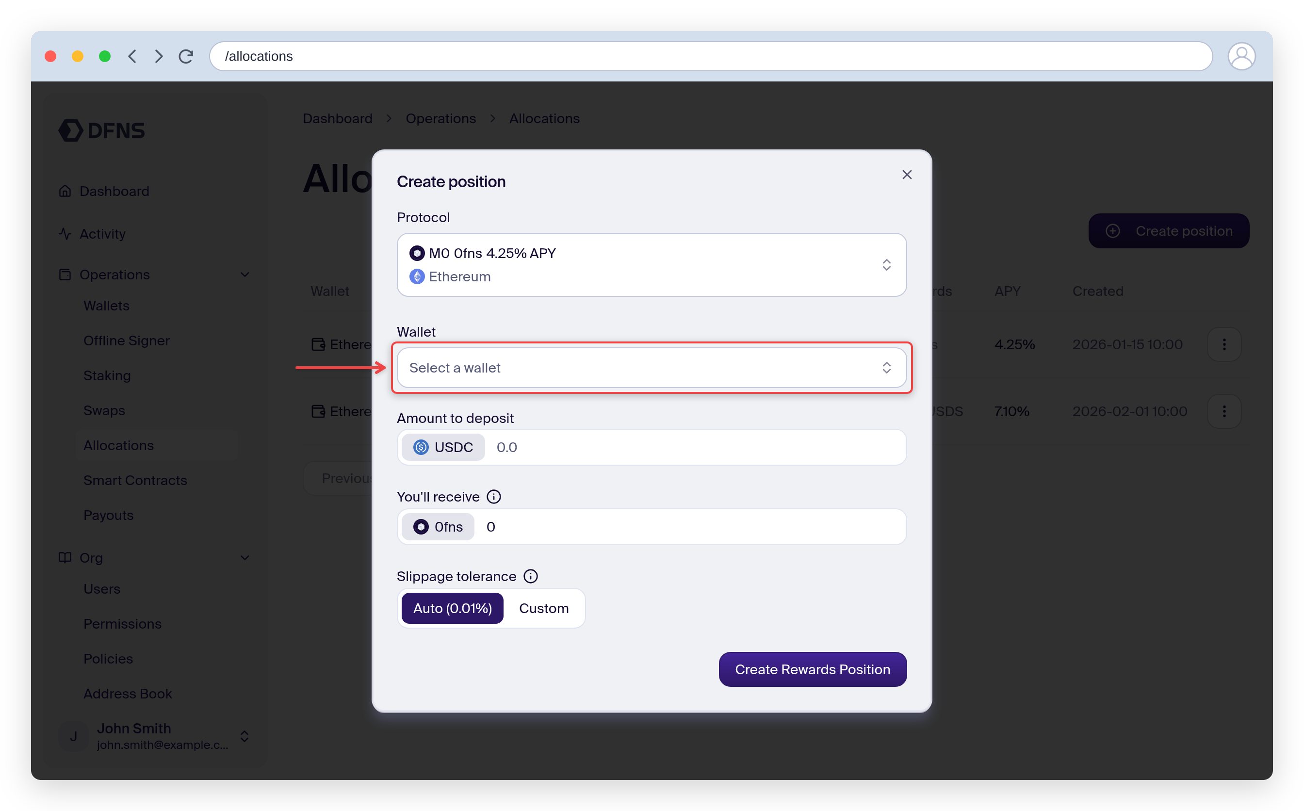 Create-position modal with the wallet selector